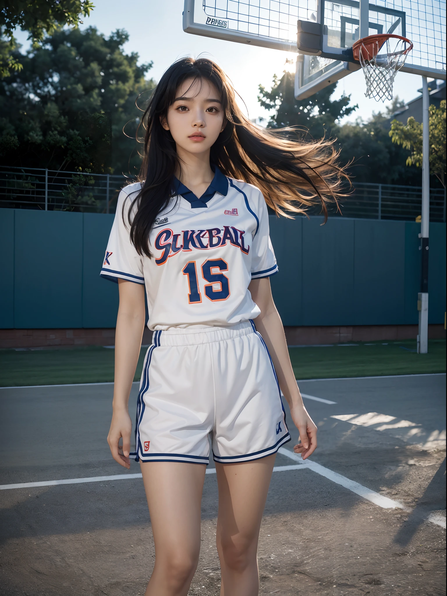 (8k, best quality, masterpiece:1.2), (realistic, photo-realistic:1.37), ultra-detailed,best quality, ultra high res, professional lighting, photon mapping, radiosity, physically-based rendering, cinematic lighting, basketball court,depth of field, sharp focus,sunbeam, good composition,(bokeh:1.2) 1girl,solo,(full body), (closed mouth),beautiful detailed eyes, pose, narrow waist,basketball uniform, black hair,messy hair,long hair floating in wind,(ulzzang-6500:1.2), mix4, hiqcgbody