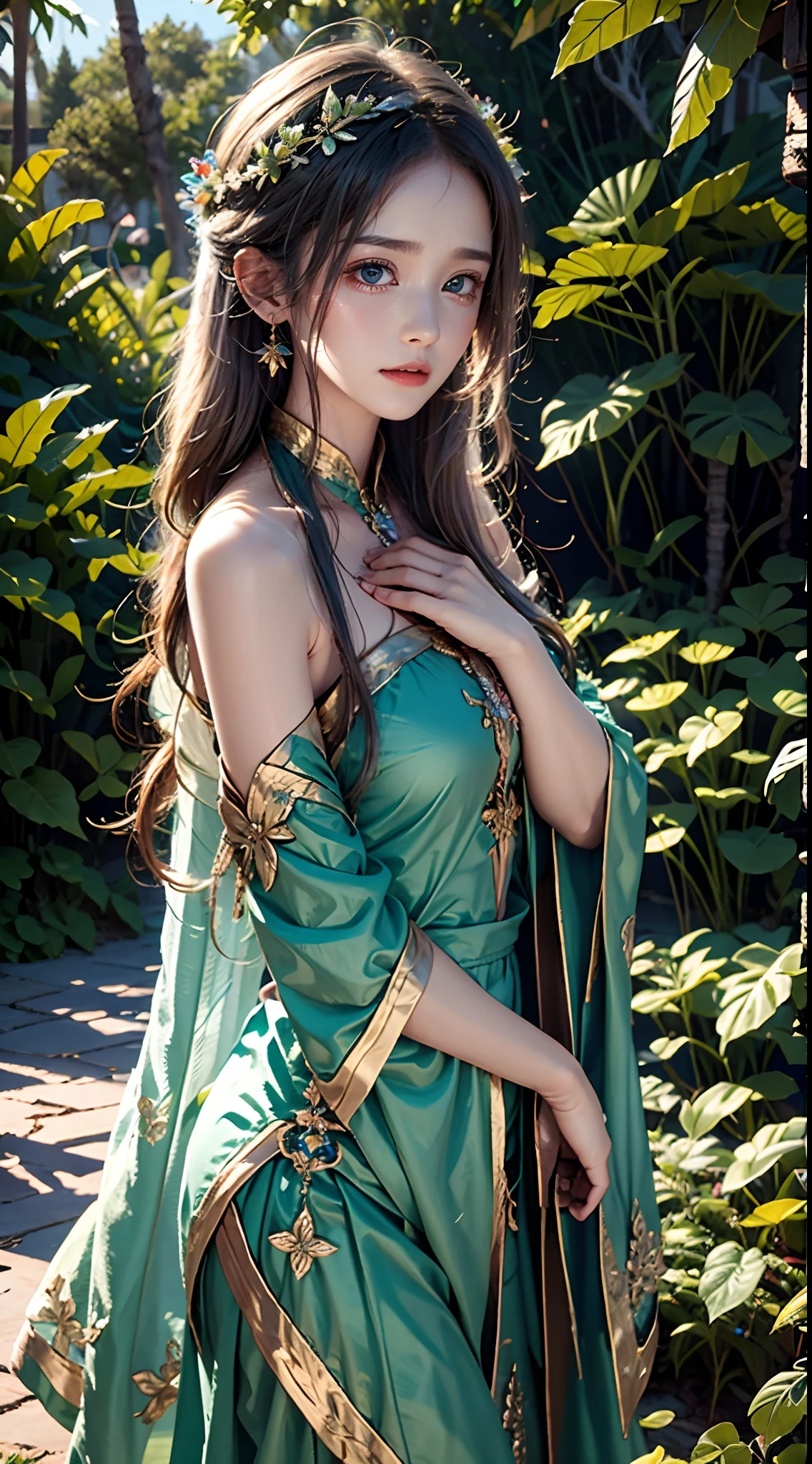 1 20-year-old girl, fairy princess, green clothes, nature clothes, nature panorama, sweet, beauty gril, twin sister.(crying), sad expresion. (Tear)