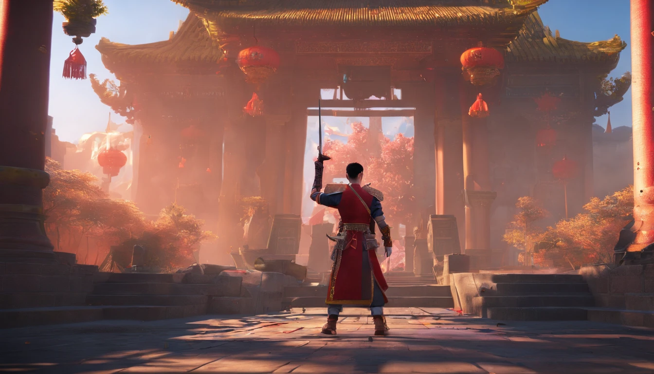 Short hair Chinese male，Dark blue hair，Wears black tight short sleeves，Black military pants，army boots。Holding a heavy Chinese Warring States sword in his hand。The pupils are red，Followed by a group of younger brothers，The background is a ruin，The ruins were filled with gangsters he had defeated。