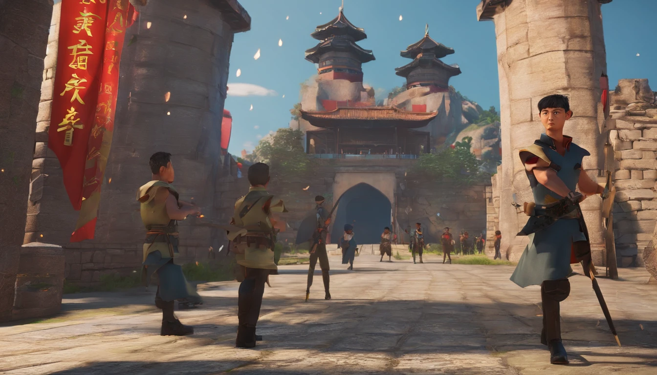 Short hair Chinese male,Dark blue hair,Wears black tight short sleeves,Black military pants,army boots。Holding a heavy Chinese Warring States sword in his hand。The pupils are red,Followed by a group of younger brothers,The background is a ruin,The ruins were filled with gangsters he had defeated。