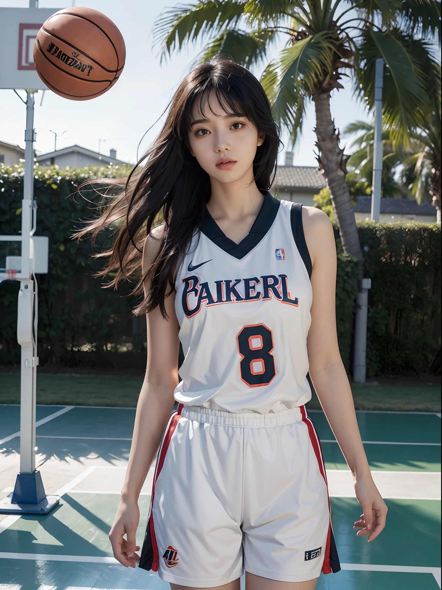 (8k, best quality, masterpiece:1.2), (realistic, photo-realistic:1.37), ultra-detailed,best quality, ultra high res, professional lighting, photon mapping, radiosity, physically-based rendering, cinematic lighting, basketball court,depth of field, sharp focus,sunbeam, good composition,(bokeh:1.2) 1girl,solo,(full body), (closed mouth),beautiful detailed eyes, pose, narrow waist,basketball uniform, black hair,messy hair,long hair floating in wind,(ulzzang-6500:1.2),  mix4, hiqcgbody