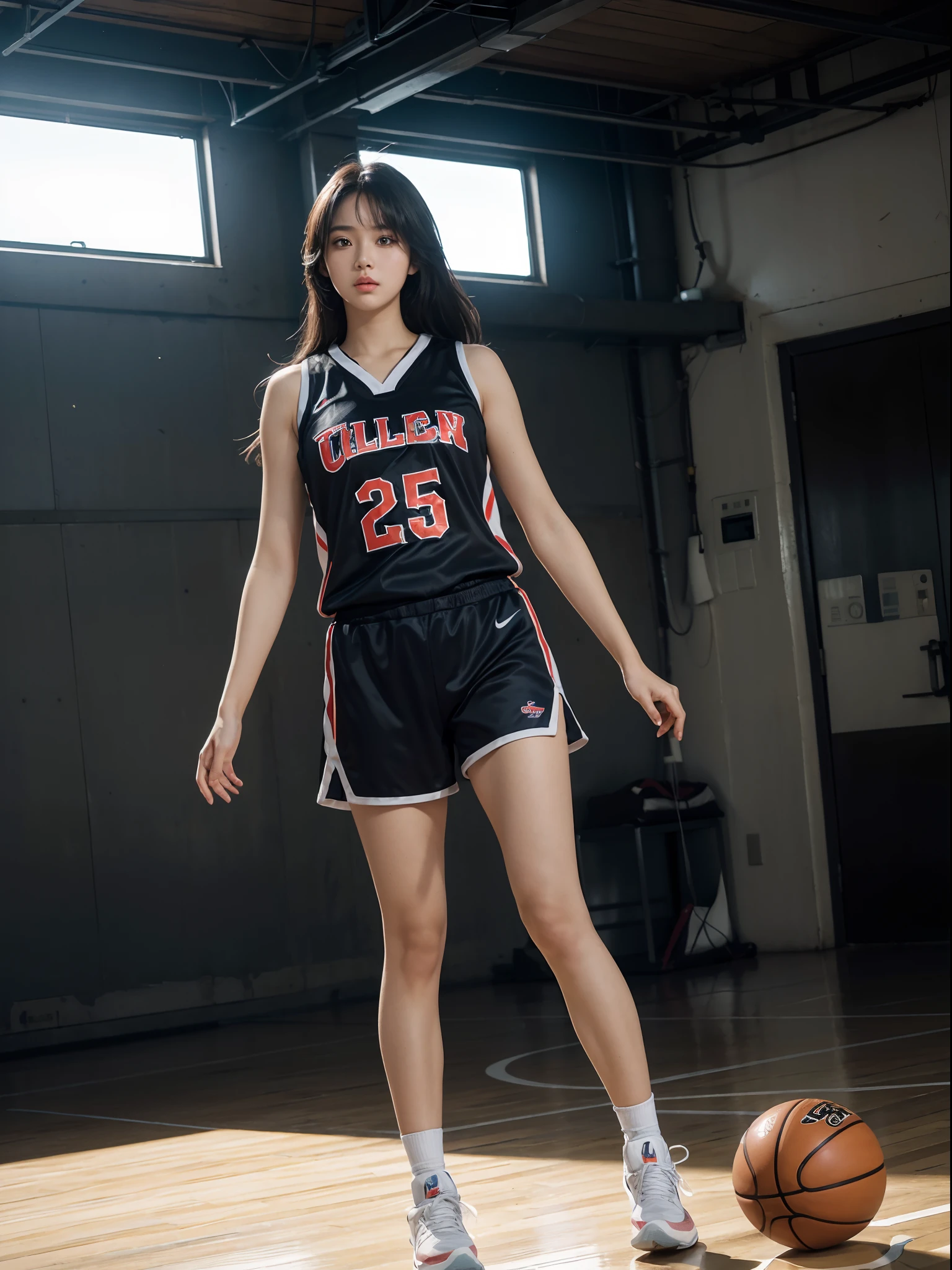 (8k, best quality, masterpiece:1.2), (realistic, photo-realistic:1.37), ultra-detailed,best quality, ultra high res, professional lighting, photon mapping, radiosity, physically-based rendering, cinematic lighting, basketball court,depth of field, sharp focus,sunbeam, good composition,(bokeh:1.2) 1girl,solo,(full body), (closed mouth),beautiful detailed eyes, pose, narrow waist,basketball uniform, black hair,messy hair,long hair floating in wind,(ulzzang-6500:1.2), mix4, hiqcgbody