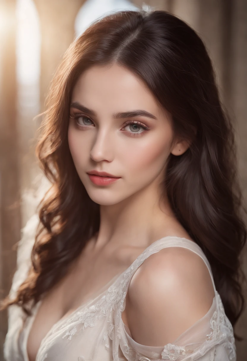 (high resolution:1.2),white-skinned girl,dark-haired,athletic body, young, with sexy clinging clothes,Arabic ethnicity,detailed beautiful eyes,beautiful lips,ultra-fine painting,portrait,soft lighting,vibrant colors,high contrast,graceful pose,exquisite facial features,flowing hair,delicate skin,textured background,subtle shadows.