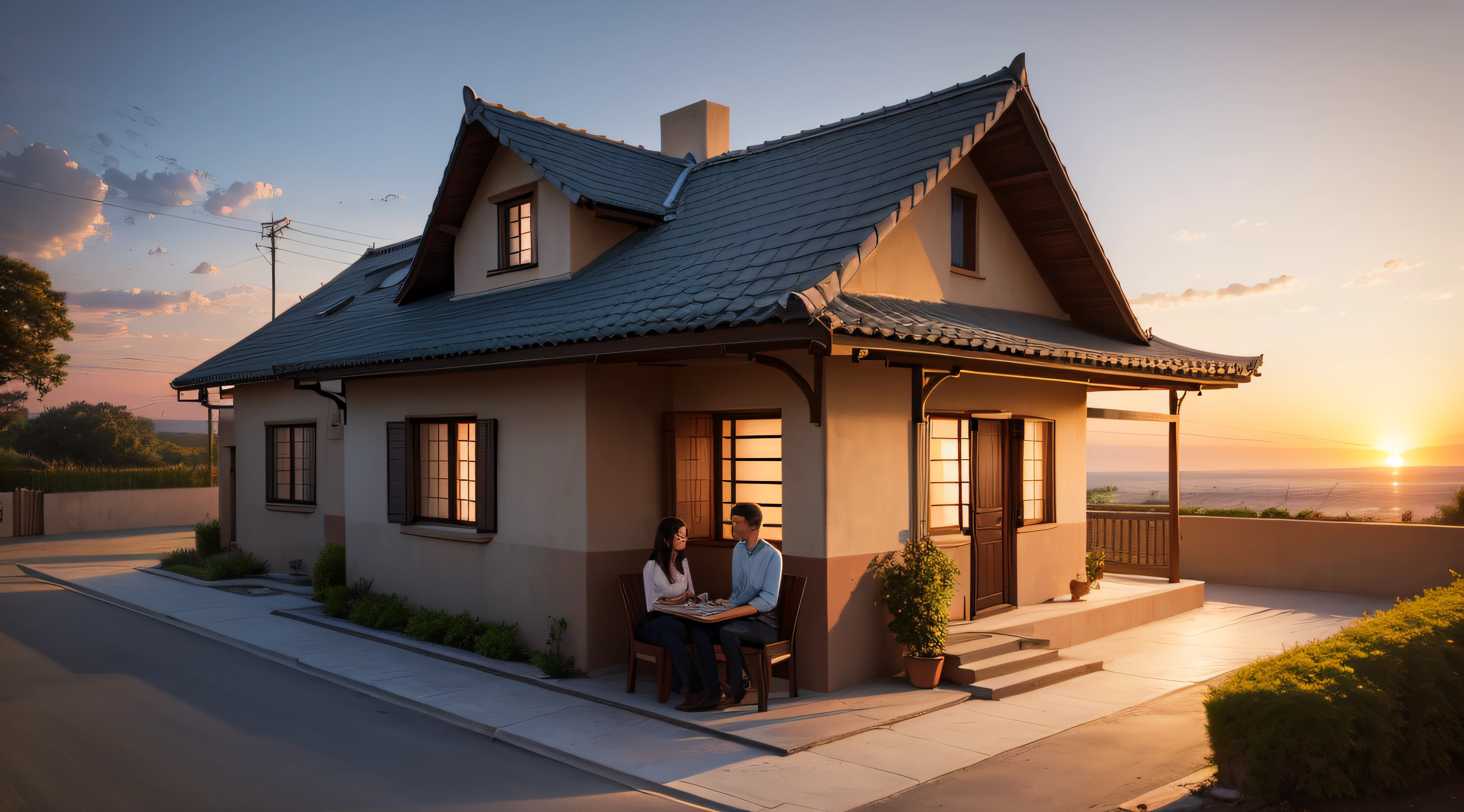 A house beside occasion with sunset where couple sat infronte of house