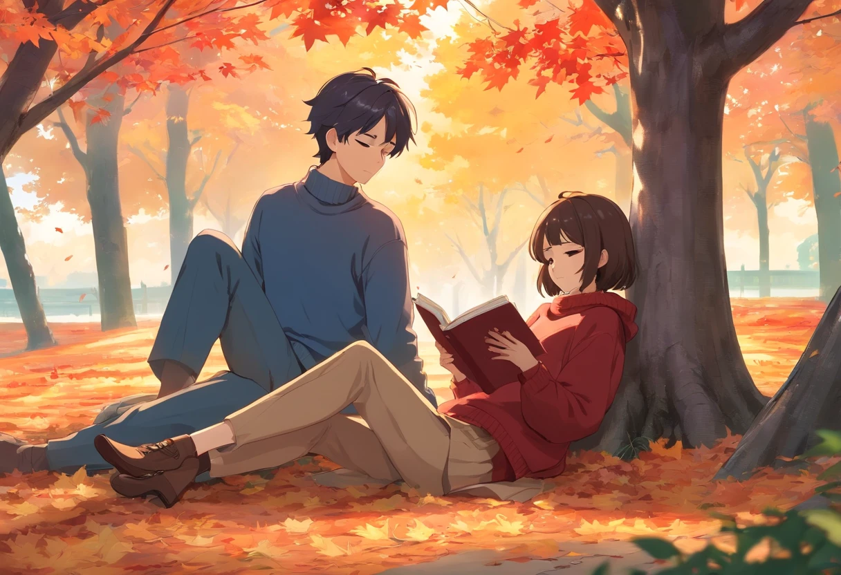 Canada、Colored leaves、Maples、A hill、Maple tree、leaves falling、Men、Sitting reading while leaning against a tree、A woman has an、Sleeping on a man's lap pillow and having a blissful look、Korean Drama、Tokkebi、Gong Yoo、Kim Goeun, a man dressed in stylish suit clothes, a woman wearing a long-sleeve sweater, pleats skirt, Red Muffler、