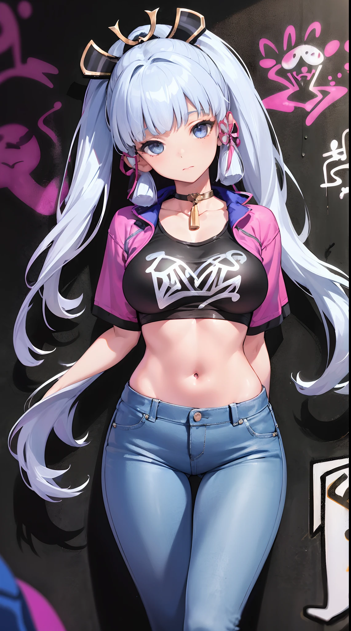 kamisato ayaka|genshin impact, master-piece, bestquality, 1girls,25 years old, proportional body, elongated legs, Beautiful, proportional., crop top, Long Jeans, mediuml breasts, ,bara, crop top, choker, (Graffiti:1.5), Splash with purple lightning pattern., arm behind back, against wall, View viewers from the front., Thigh strap, Head tilt, bored,(NSTDA.:1.2), (10, beste-Qualit, master-piece: 1.4), Beautiful red hair, ultra-high resolution, (lifelike, photorealistic portrait: 1.48), 20 age, Cute Girl, (Looking Through Crop Tops.), Famous Japanese actors, beautiful clear eyes, Head tilt, cowboy shot, from the front, looking at the audience, expressionless, Beautiful lake, Zeiss 150mm F/ 2.8 Hasselblad, Whole body, foot, Ultra-Wide Angle,