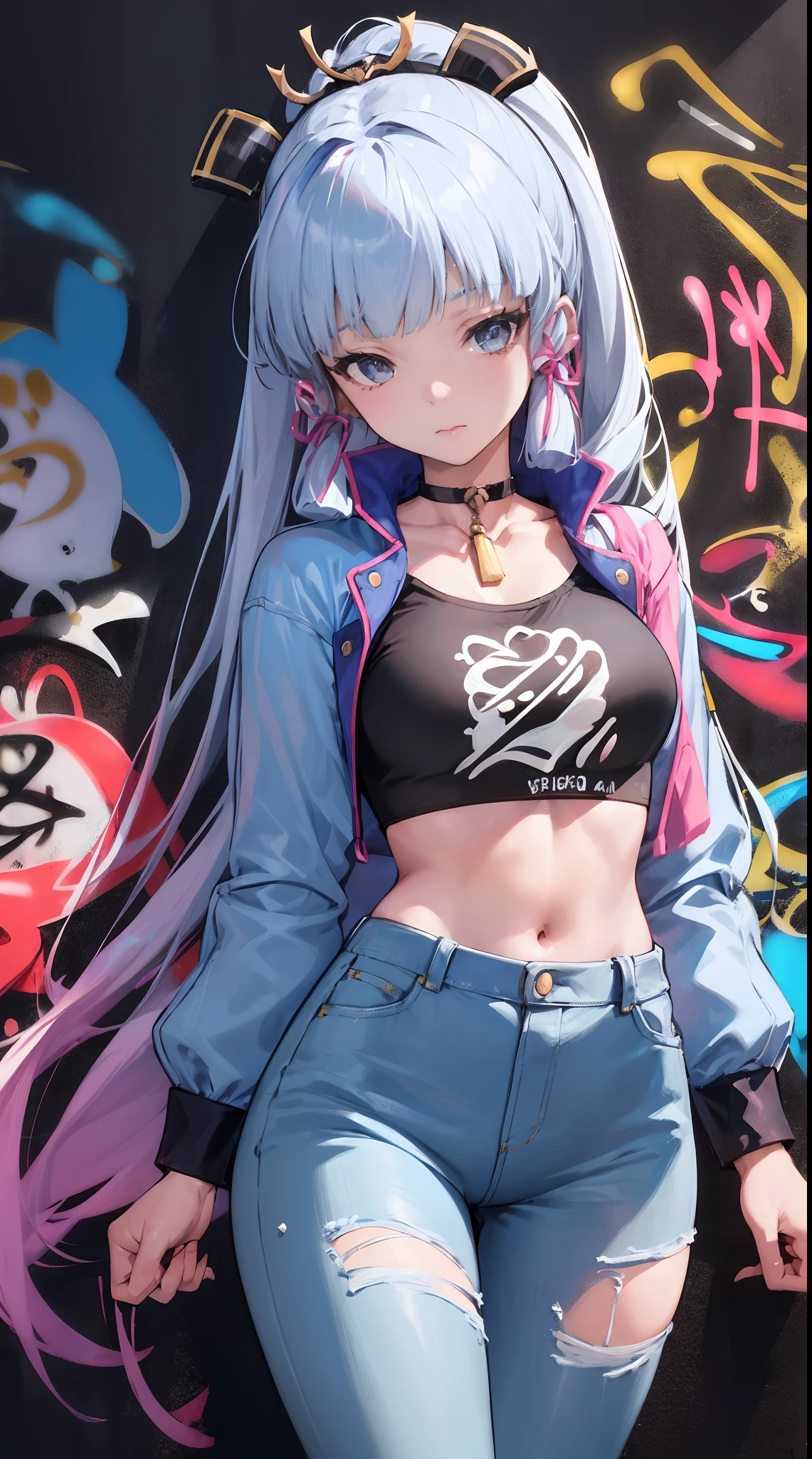 kamisato ayaka|genshin impact, master-piece, bestquality, 1girls,25 years old, proportional body, elongated legs, Beautiful, proportional., crop top, Long Jeans, mediuml breasts, ,bara, crop top, choker, (Graffiti:1.5), Splash with purple lightning pattern., arm behind back, against wall, View viewers from the front., Thigh strap, Head tilt, bored,(NSTDA.:1.2), (10, beste-Qualit, master-piece: 1.4), Beautiful red hair, ultra-high resolution, (lifelike, photorealistic portrait: 1.48), 20 age, Cute Girl, (Looking Through Crop Tops.), Famous Japanese actors, beautiful clear eyes, Head tilt, cowboy shot, from the front, looking at the audience, expressionless, Beautiful lake, Zeiss 150mm F/ 2.8 Hasselblad, Whole body, foot, Ultra-Wide Angle,
