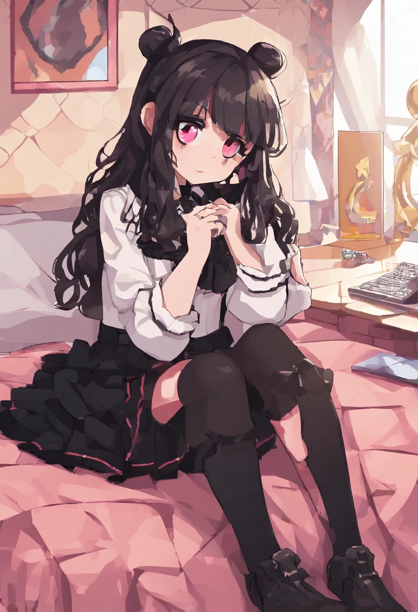 1girl, loli, solo, young child, long hair, (curly_hair), deep brown hair, eye-liner, (glossy_black_knee-high_socks:1.3), gothic_outfit, threaded outfit, (smirk:1.5),wide_head, side bangs,bedroom