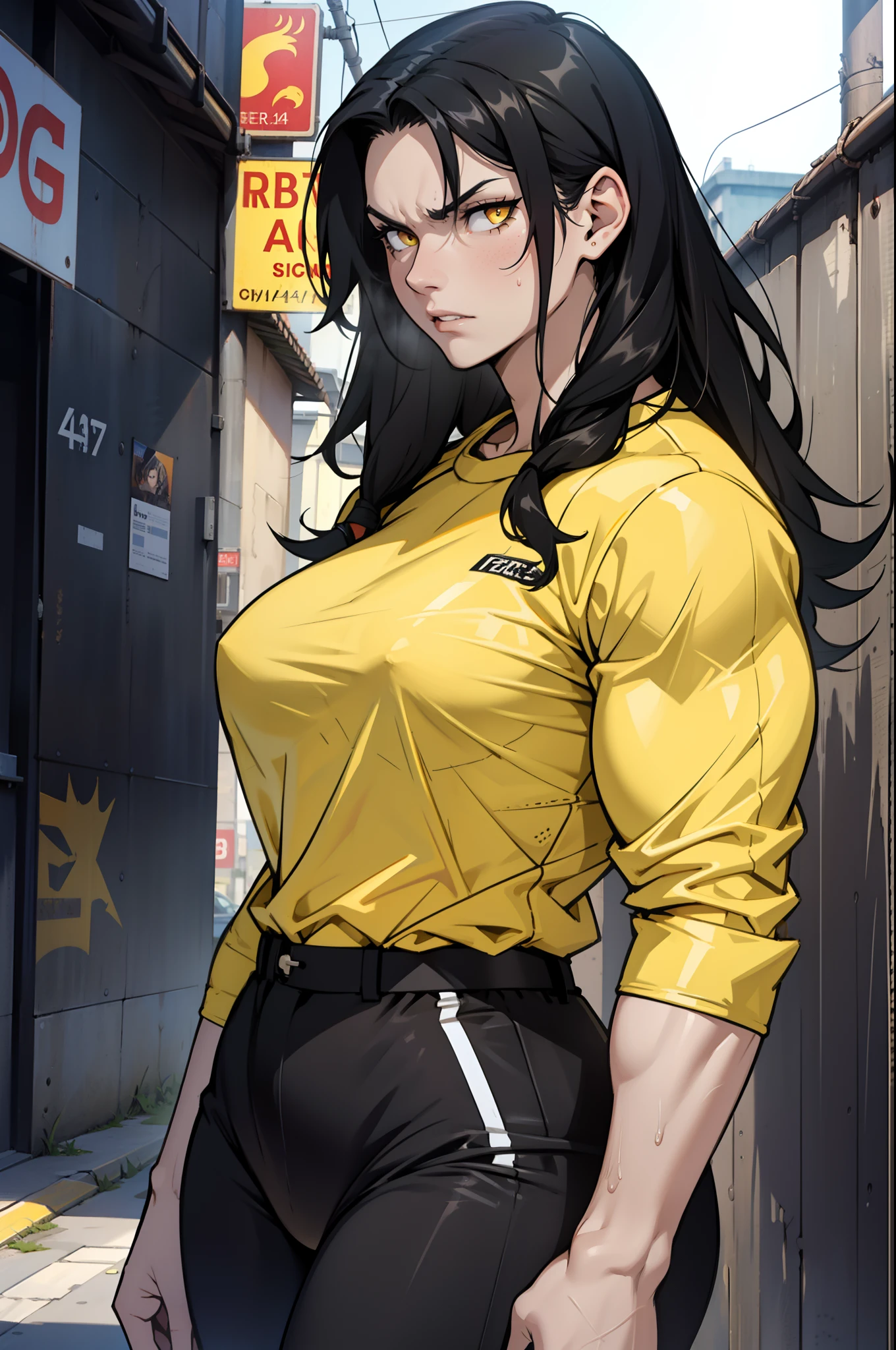 black hair, yellow eyes, solo, sweaty, shiny skin, angry, pale skin, (((muscular, 1girl))), curvy, thin waist, casual clothes, very long hair