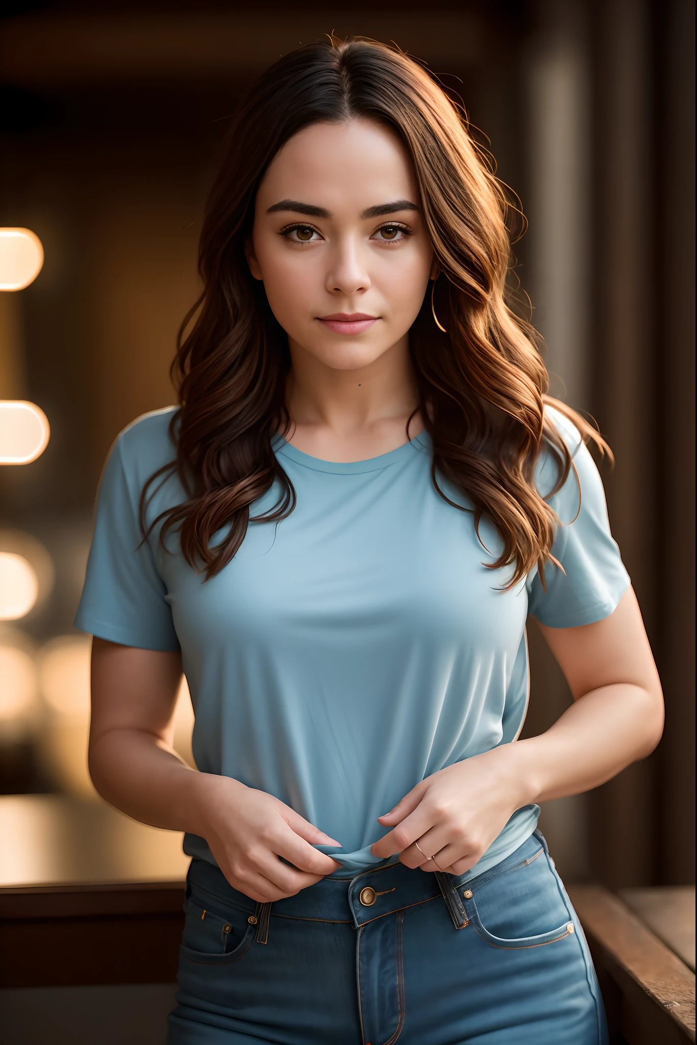 ((Masterpiece)), ((highest resolution)), beautiful 40 year old woman, (Janeane Garofalo:Florence Pugh:0.5), ((detailed skin texture)), ((high detail face)), seductive smile, tight tshirt, jeans, (realistic photo), (best quality), (detailed), shot on a Canon EOS R5, 50mm lens, F/2.8, HDR, (8k), (wallpaper), (cinematic lighting), (dramatic lighting), (sharp focus), (intricate), RAW photo, posing for camera, 8k uhd, high quality, film grain, by Craig Morey