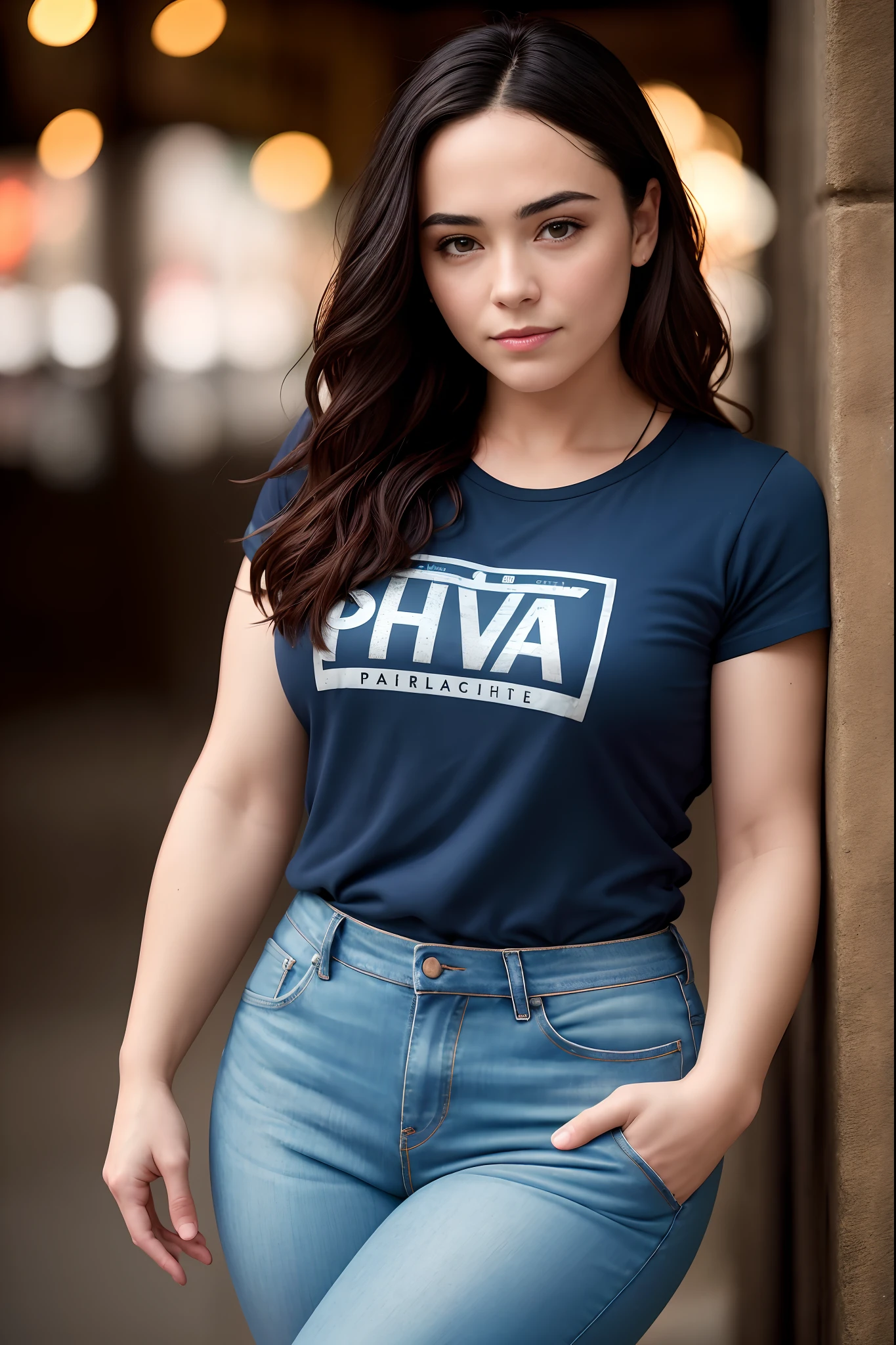 ((Masterpiece)), ((highest resolution)), beautiful 40 year old woman, (Janeane Garofalo:Florence Pugh:0.5), ((detailed skin texture)), ((high detail face)), seductive smile, tight tshirt, jeans, (realistic photo), (best quality), (detailed), shot on a Canon EOS R5, 50mm lens, F/2.8, HDR, (8k), (wallpaper), (cinematic lighting), (dramatic lighting), (sharp focus), (intricate), RAW photo, posing for camera, 8k uhd, high quality, film grain, by Craig Morey