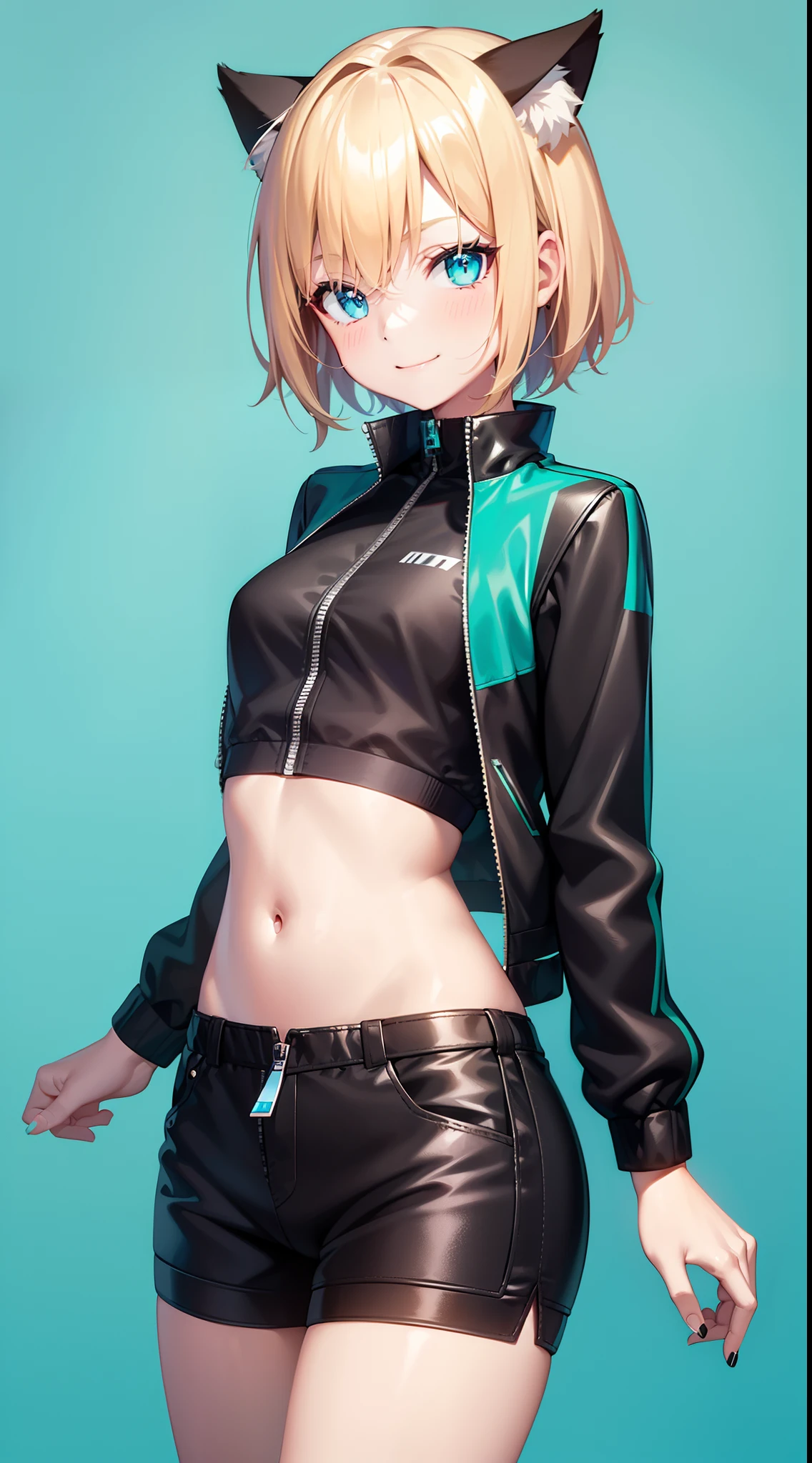 young girl, short blonde hair, turquoise eyes, Smile, cat ears, Black Top, black shorts, green jacket, open belly, zipper, Masterpiece, hiquality, 4k, HD, Good detail