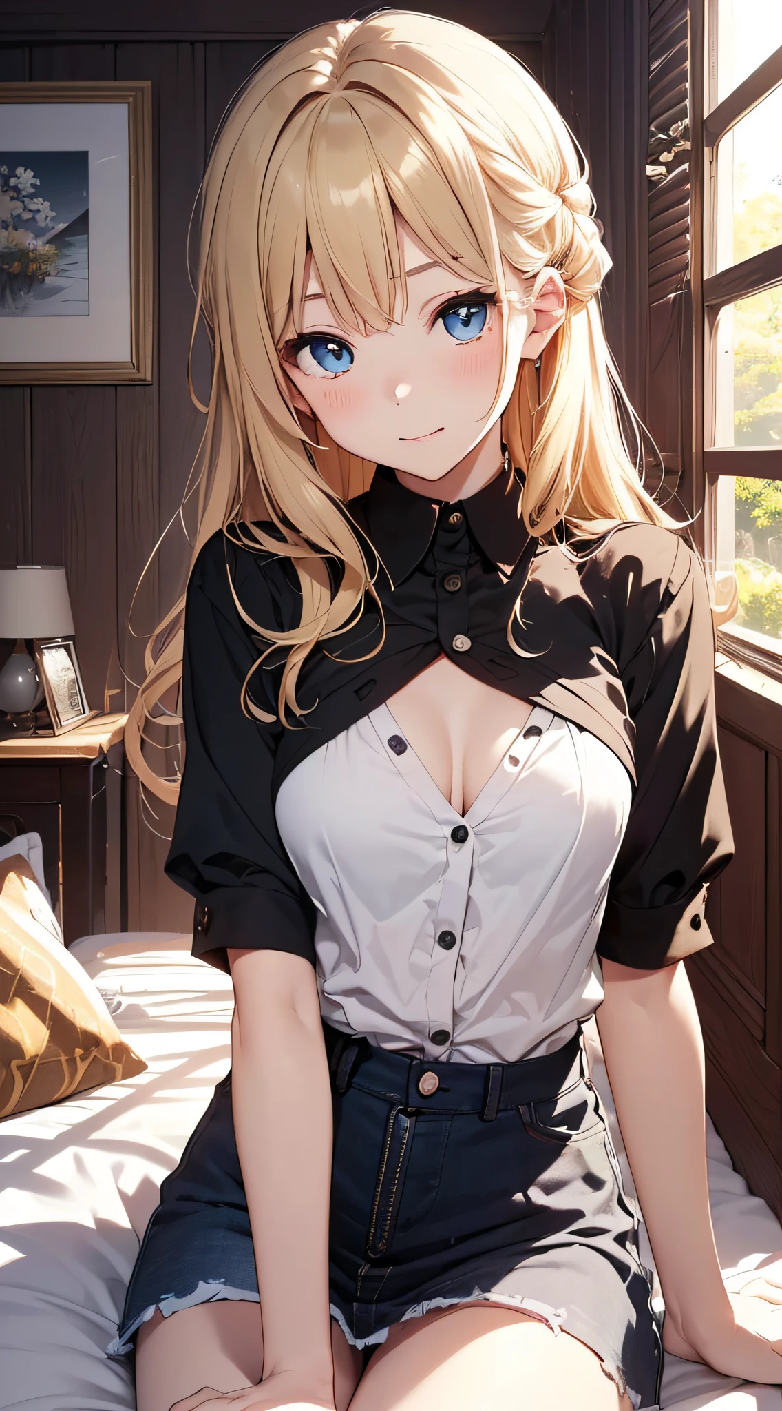 Absurd, Very detailed,Bright colors, Very beautiful and detailed anime faces and eyes,highest quality、Tabletop、(1 female:1.5)、Beige oversized pajamas、Blue and black bra、(Big yawn)、Sitting on the bed、(Please raise your hand:1.3)、Blonde semi-long hair、blush、(Deep blue eyes:1.4)、Healthy white body、Summer Morning,(Light coming through the window:1.3)、Little Cross Necklace、Medium chest、Valletta、Upper Body、