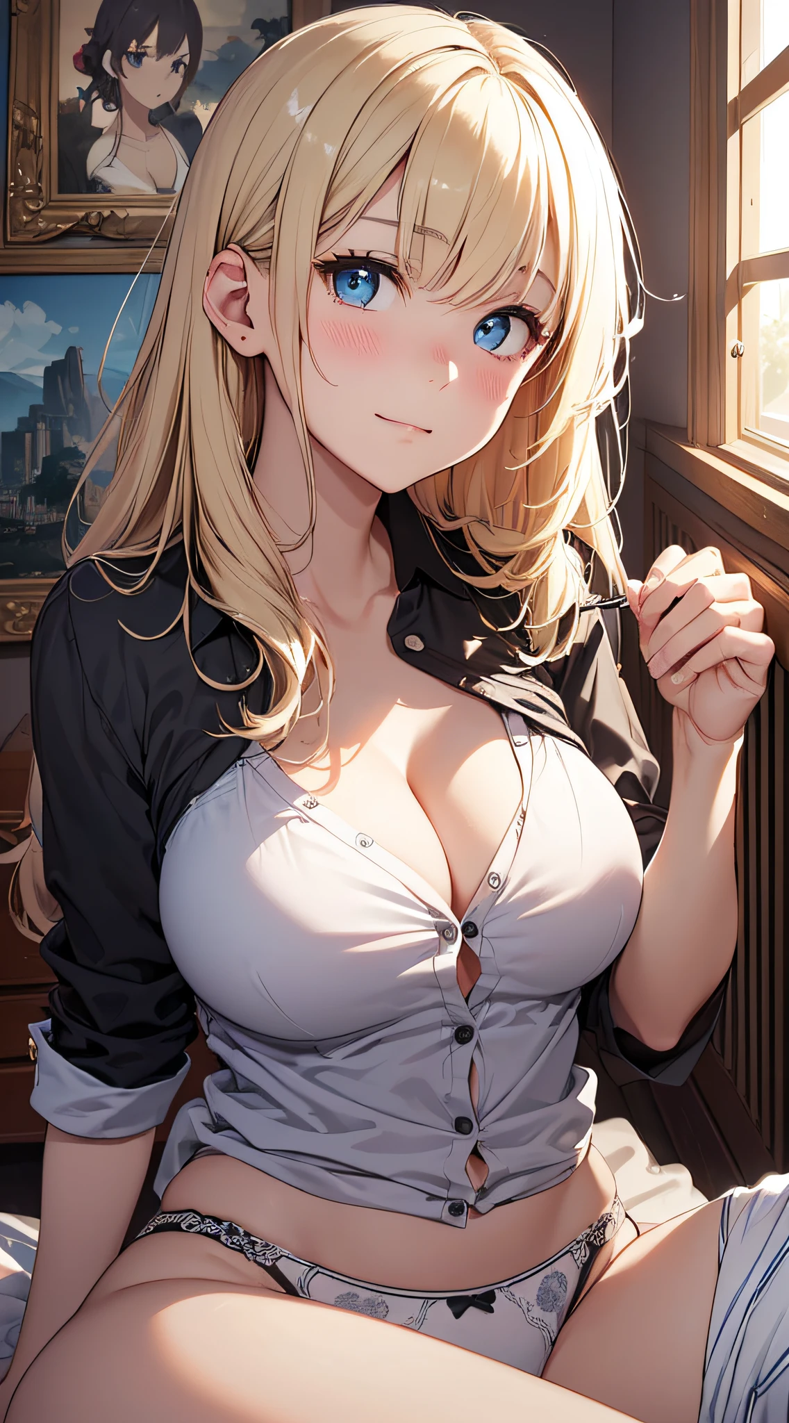 top-quality、Top image quality、masterpiece、girl with((18year old、 Black Y-shirt with open buttons、,White underwear、Best Bust、Bust 85、a blond、disheveled semi-long、Blue eyes、open chest wide、Valley、Happiness、A slender、girl sitting、Shy face))hiquality、Beautiful Art、Background with((A room with beautiful sunlight))、masutepiece、Elaborate design、visualart