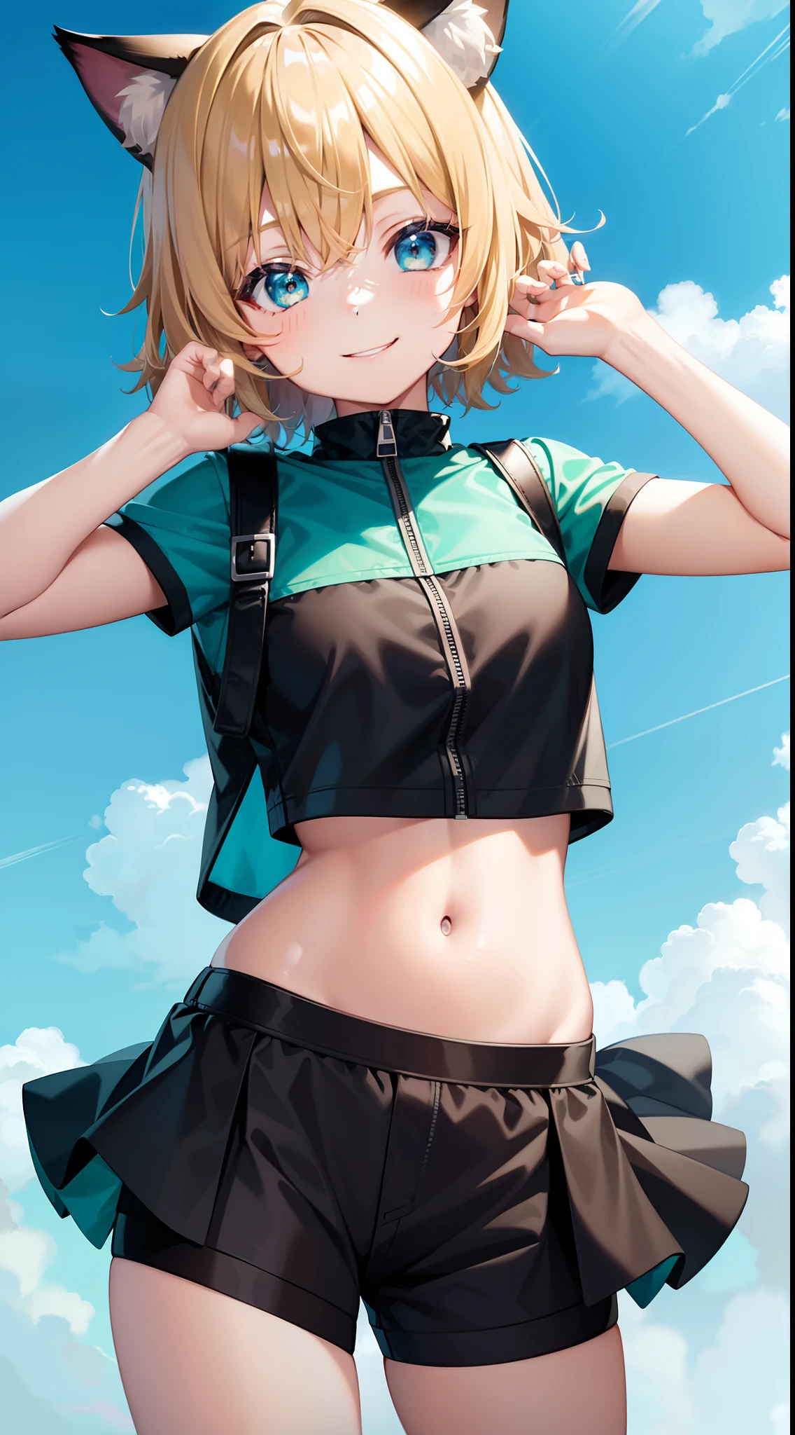 young girl, short blonde hair, turquoise eyes, Smile, cat ears, Black Top, black shorts, green jacket, open belly, zipper, Masterpiece, hiquality, 4k, HD, Good detail