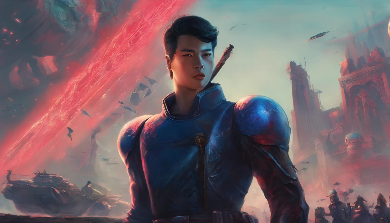 Short hair Chinese male,Dark blue hair,Wear black tight short sleeves,black army pants,army boots。Holding a heavy Chinese Warring States sword in his hand。The pupils are red,Followed by a group of younger brothers,The background is a ruin,The ruins are full of gangsters he defeated。