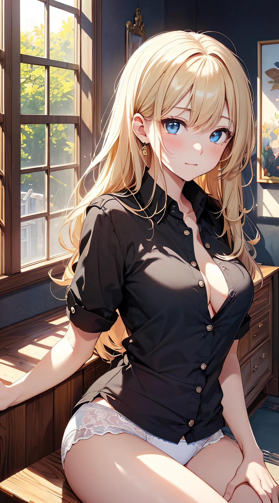top-quality、Top image quality、masterpiece、girl with((18year old、 Black Y-shirt with open buttons、,White underwear、Best Bust、Bust 85、a blond、disheveled semi-long、Blue eyes、open chest wide、Valley、Happiness、A slender、girl sitting、Shy face))hiquality、Beautiful Art、Background with((A room with beautiful sunlight))、masutepiece、Elaborate design、visualart