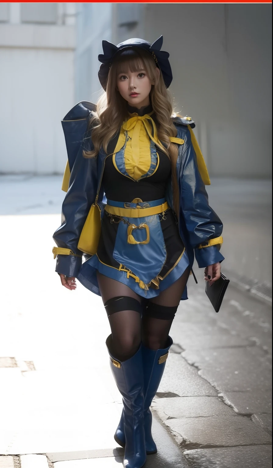 Gal in blue mini dress、large full breasts、beautiful foot、Blonde wavy hair、yellow-tops、Good Style、long boots、
