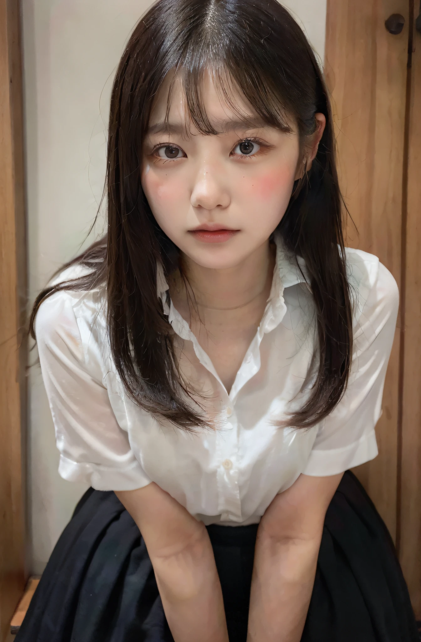⦅Cowboy shot⦆,From the knee up、(ultra-realistic realism),(A high resolution), (8K), (top-quality), (ultra - detailed), (tmasterpiece),Long black hair、A Japanese girl、18yr old、only one girl,Large full breasts、校服、in class room、Looking at the camera、Sensual look、Slightly open mouth、sensual lip、drooing eyes、Low nose