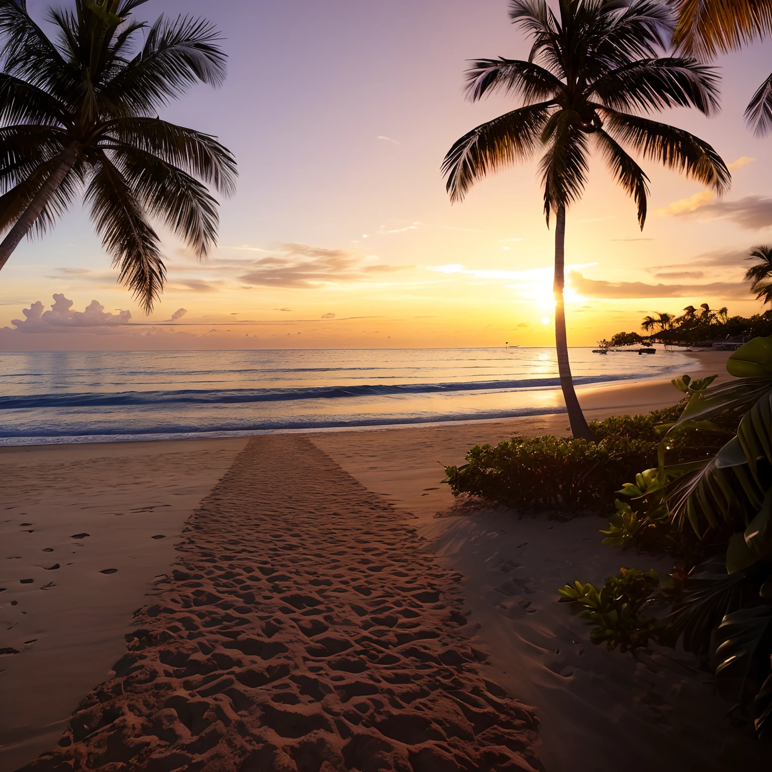 Imagem com riqueza de detalhes, Sharp focus across the plane, 8k, Ararid view of a dock with palm trees and a sunset, paradise in the background, lugar bonito, Maldivas em segundo plano, ao nascer do sol, which shows a beach at sunset, atmosfera ensolarada, Ambiente bonito, sunsettime, Obra-prima maravilhosa, tropical paradise, during sunset, morning golden hour, hora dourada, morning sunrise, Sunset view, ambiente ensolarado, Beautiful image