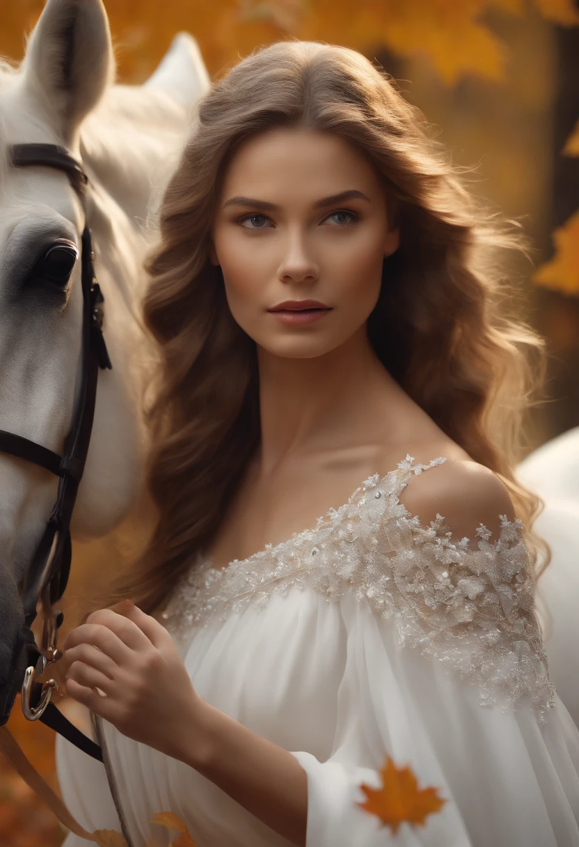 (8k, 16k, award winning, highest quality, high resolution, super detail, textured skin, anatomically correct, photorealistic, raw photography, masterpiece: 1.3), (Princess in a white dress on a white horse :1.3), a white horse running through a forest of autumn leaves, dancing autumn leaves, a princess being chased by someone, running away, dynamic, a dignified face, an expression of the wind, a path of fallen leaves, details of the face, details of the fingers,