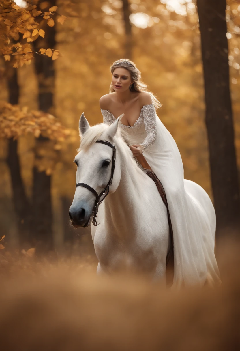 (8k, 16k, award winning, highest quality, high resolution, super detail, textured skin, anatomically correct, photorealistic, raw photography, masterpiece: 1.3), (Princess in a white dress on a white horse :1.3), a white horse running through a forest of autumn leaves, dancing autumn leaves, a princess being chased by someone, running away, dynamic, a dignified face, an expression of the wind, a path of fallen leaves, details of the face, details of the fingers,