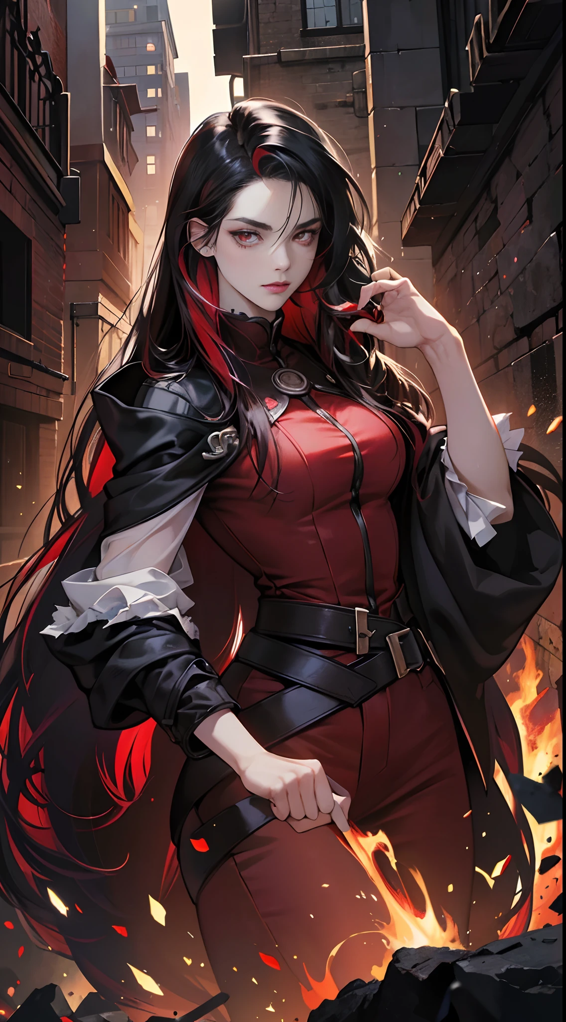 (Best Quality,4K,High resolution), 18yo woman, Red mesh hair on black hair, Long hair, Straight hair,  , Comical appearance，(Best Quality,4K,High resolution), 18yo woman, Red highlights on black hair, Long hair, Straight hair, Transforming Woman,An abnormal，Cold eyes ,sharp eye，distressed look，Vanity fair，Red glowing eyes，Facial expression enhancement，camera，Changing the appearance of the transformation，Dark Hero，beast，Beastification，Evil Fight，buttle，Dark back alley，Retro Doomsday World，Delicate illustrations drawn in detail，Torn clothes with decoration，Disheveled clothes，Realistic portrayal，Vibrant colors，expresive，Classic background