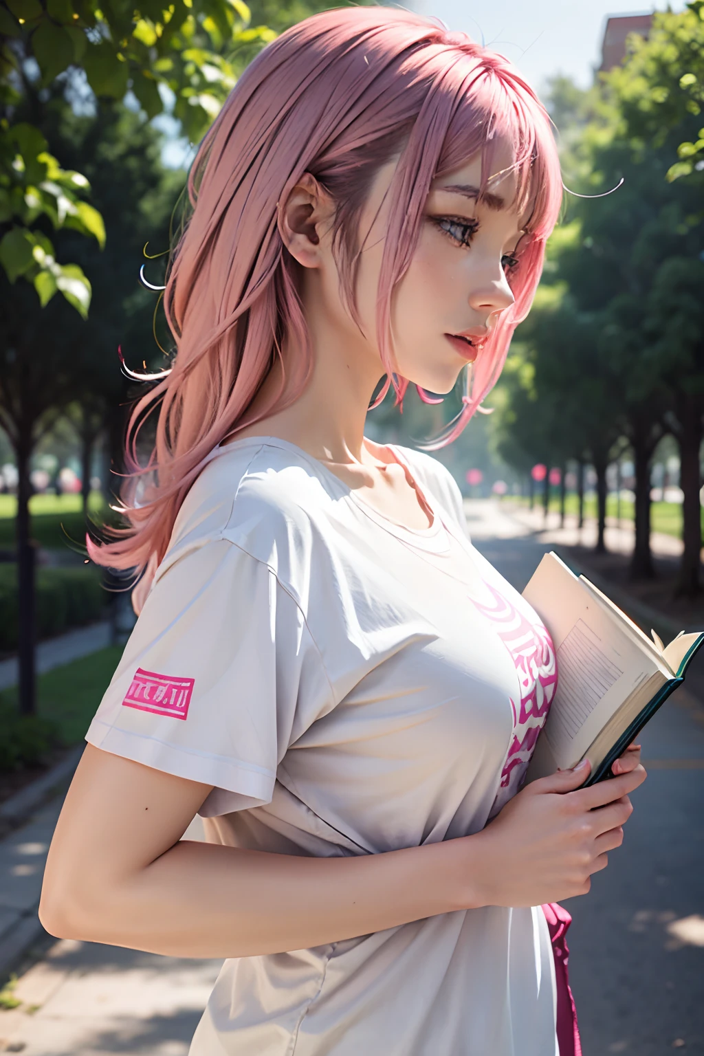 A girl in white with pink hair on campus, wearing a tshirt, Side view, With a book, Small breasts, hyper realisitc