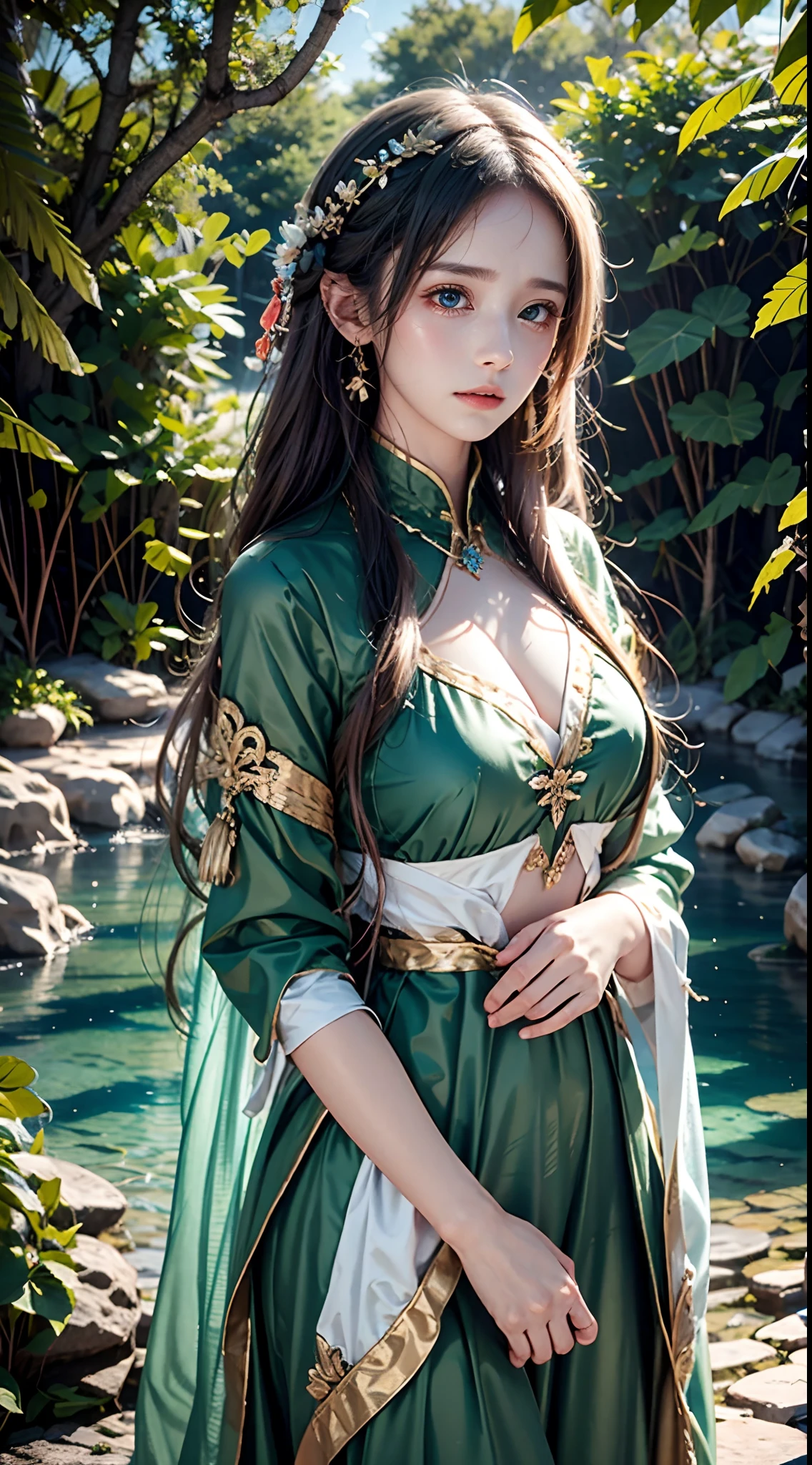 1 20-year-old girl, fairy princess, green clothes, nature clothes, nature panorama, sweet, beauty gril, twin sister.(crying), sad expresion. (Tear)