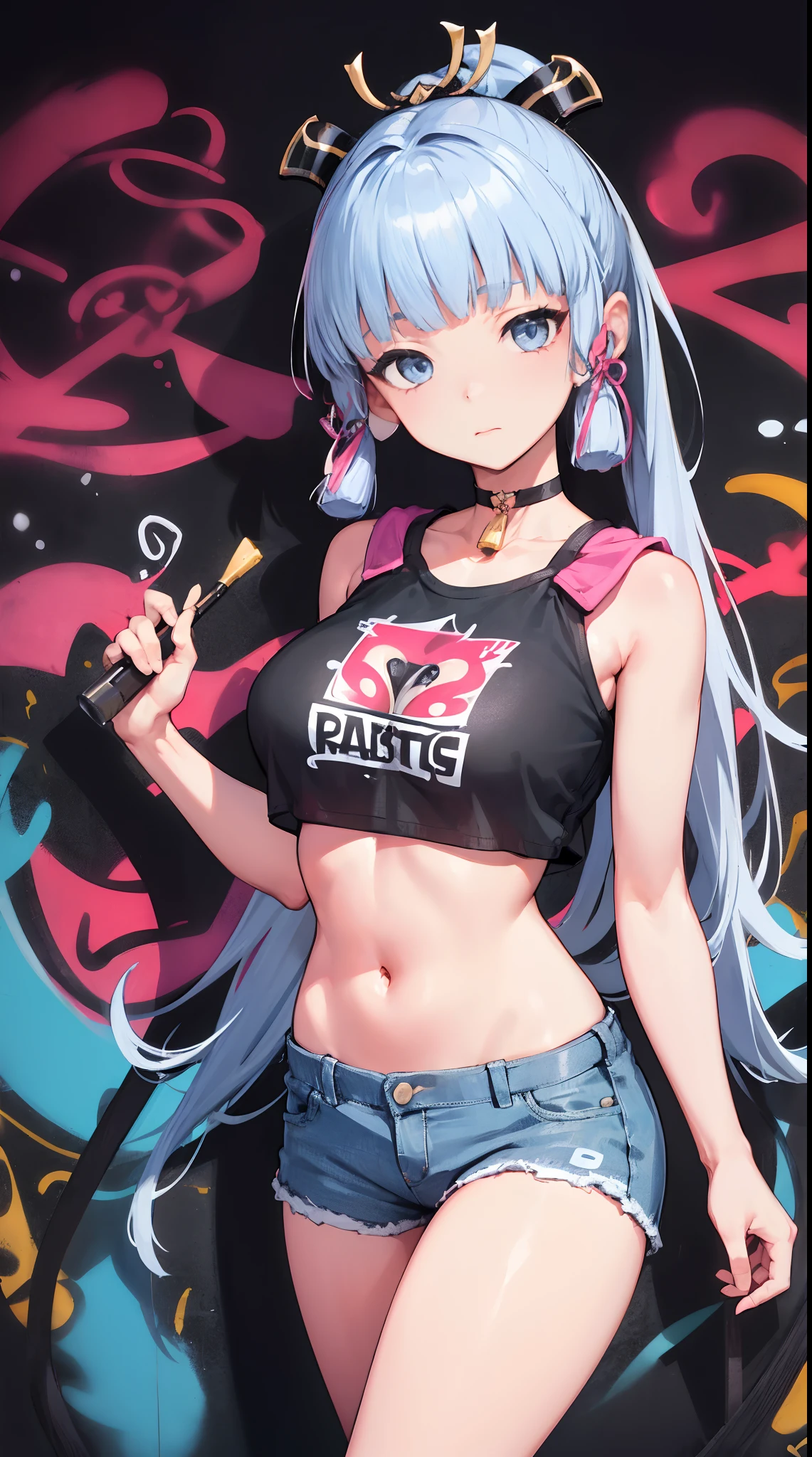 kamisato ayaka|genshin impact, master-piece, bestquality, 1girls,25 years old, proportional body, elongated legs, Beautiful, proportional., crop top, Long Jeans, mediuml breasts, ,bara, crop top, choker, (Graffiti:1.5), Splash with purple lightning pattern., arm behind back, against wall, View viewers from the front., Thigh strap, Head tilt, bored,(NSTDA.:1.2), (10, beste-Qualit, master-piece: 1.4), Beautiful red hair, ultra-high resolution, (lifelike, photorealistic portrait: 1.48), 20 age, Cute Girl, (Looking Through Crop Tops.), Famous Japanese actors, beautiful clear eyes, Head tilt, cowboy shot, from the front, looking at the audience, expressionless, Beautiful lake, Zeiss 150mm F/ 2.8 Hasselblad,  Whole body, foot, Ultra-Wide Angle,