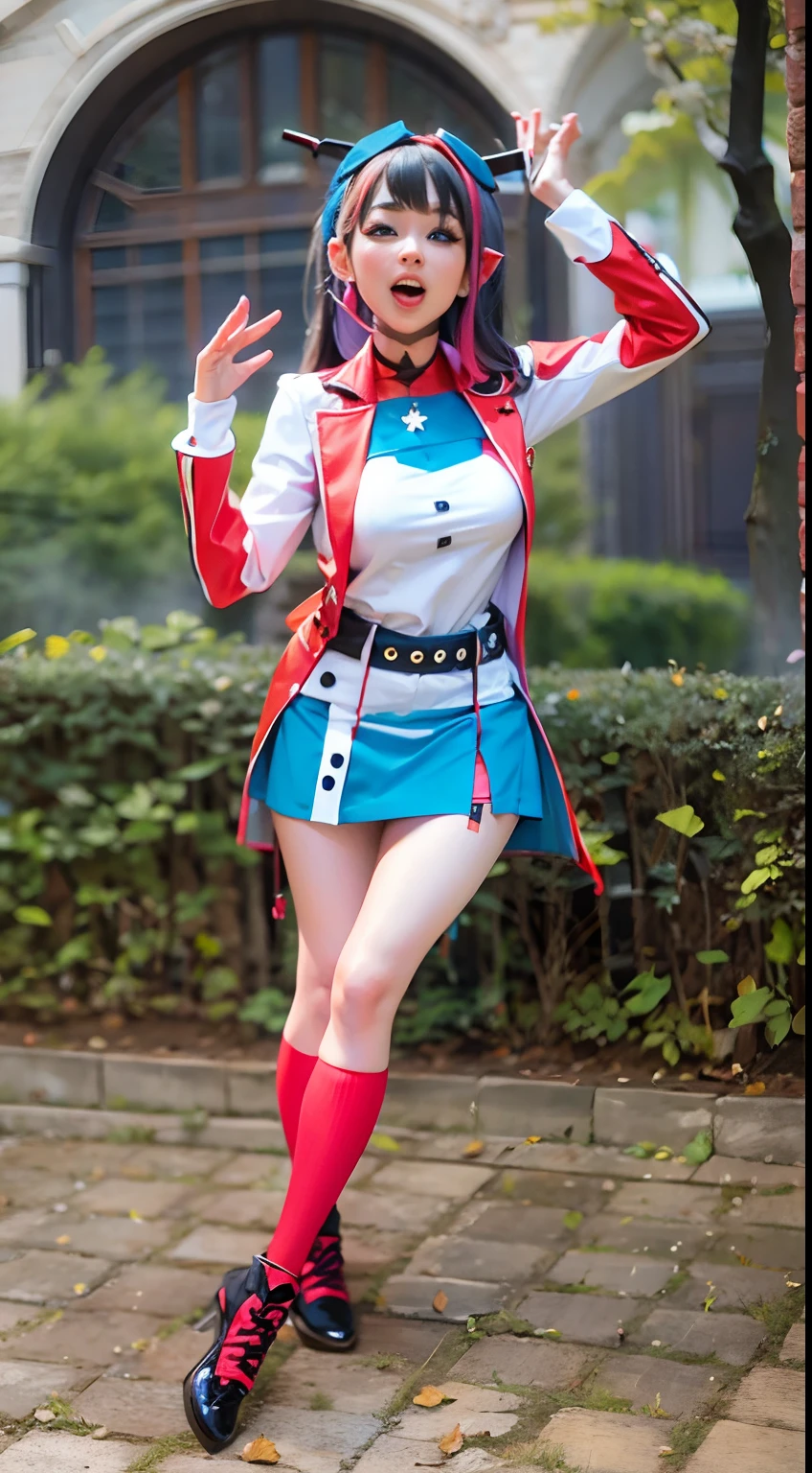 BEAUTIFUL DEMINUA COSPLAY DRESSED AS HEROINE IN FUNNY POSE TONGUE OUT FLASHING