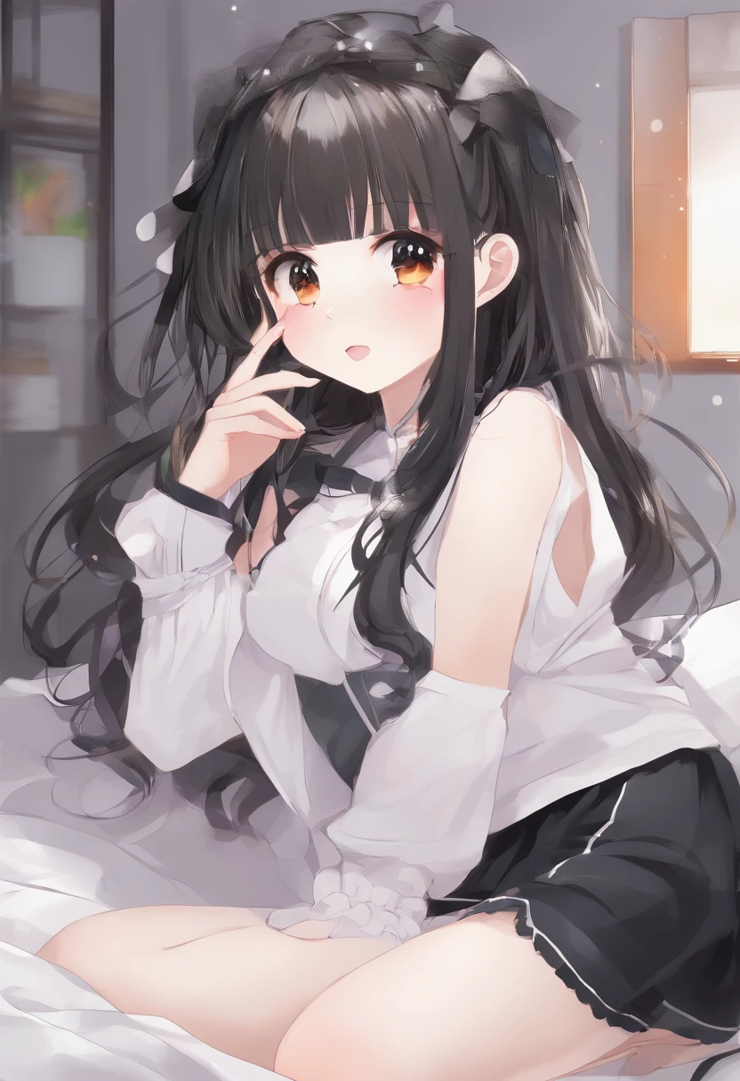 Highly detailed, doujinshi, 1girl, li, solo, liirl, long hair, (curly_hair), deep brown hair, eye-liner, (glossy_black_knee-high_socks:1.3), gothic_outfit, threaded outfit, (smirk:1.5),wide_head, side bangs,bedroom, low angle, sitting, hand-to-mouth, tempting_pose,