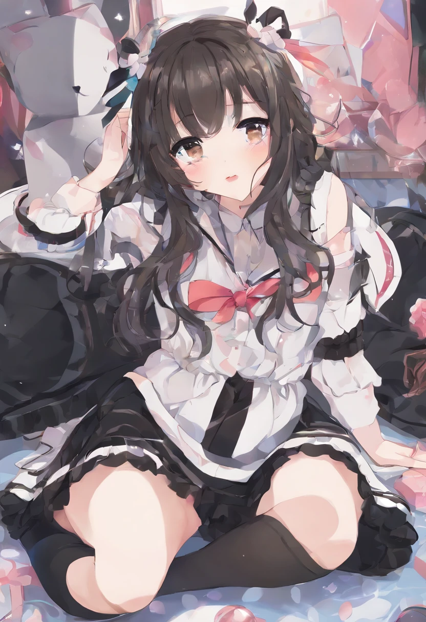 Highly detailed, doujinshi, 1girl, loli, solo, little girl, long hair, (curly_hair), deep brown hair, eye-liner, (glossy_black_knee-high_socks:1.3), gothic_outfit, threaded outfit, (smirk:1.5),wide_head, side bangs,bedroom, low angle, sitting, hand-to-mouth, tempting_pose,