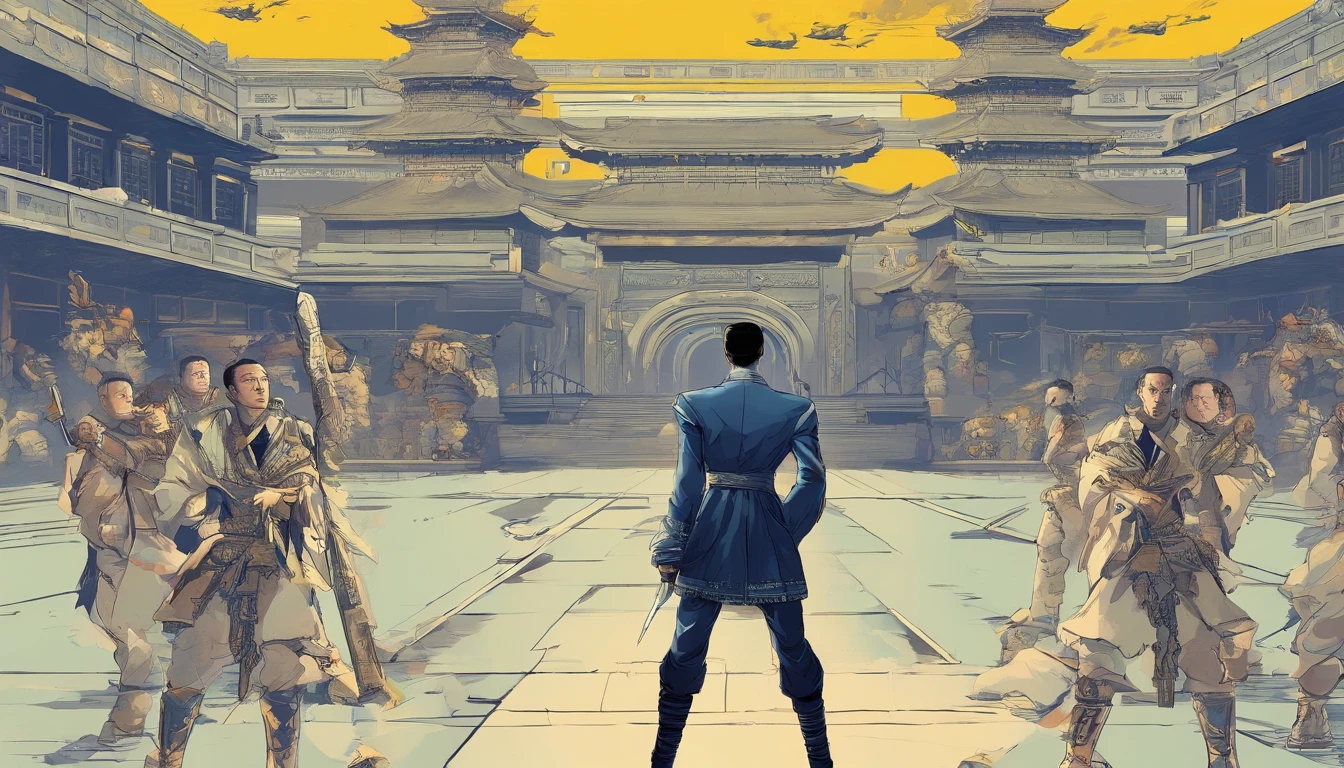 Short hair Chinese male,Dark blue hair,Wear black tight short sleeves,black army pants,army boots。Holding a heavy Chinese Warring States sword in his hand。The pupils are red,Followed by a group of younger brothers,The background is a ruin,The ruins are full of gangsters he defeated。
