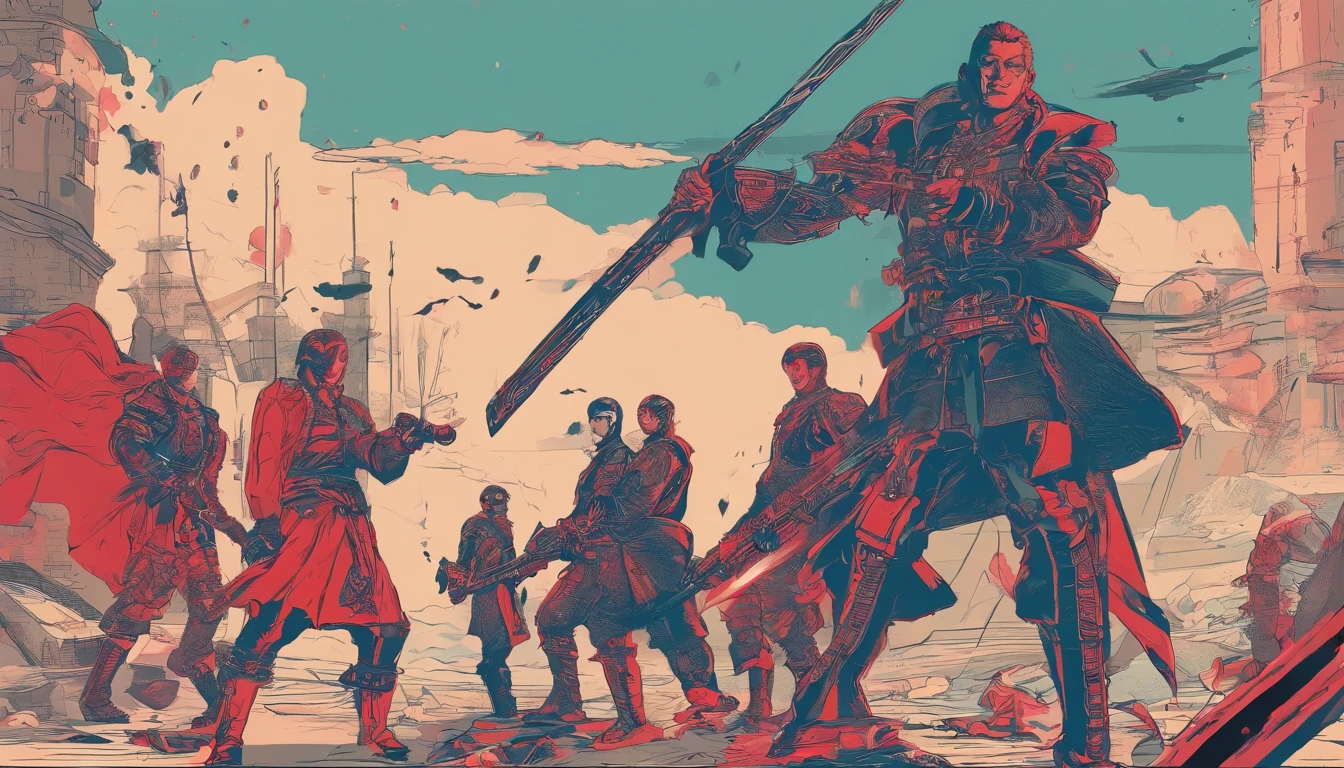 Short hair Chinese male,Dark blue hair,Wear black tight short sleeves,black army pants,army boots。Holding a heavy Chinese Warring States sword in his hand。The pupils are red,Followed by a group of younger brothers,The background is a ruin,The ruins are full of gangsters he defeated。