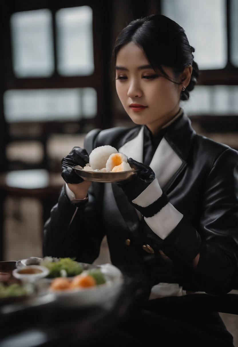 Black leather gloves in both hands, blazer and ribbon uniform, black hair ponytail, upper body, cute Japanese girl (black leather gloves covering both hands), traveling alone, eating rice balls with both hands of black leather gloves