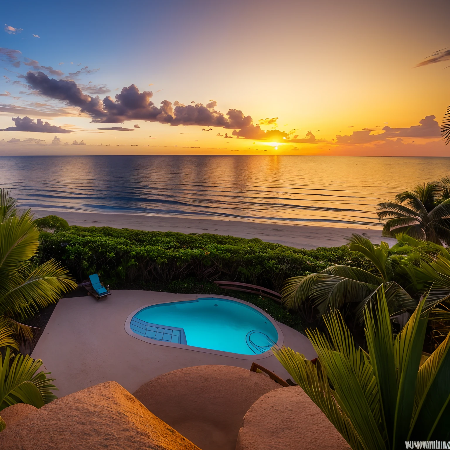 Imagem com riqueza de detalhes, Sharp focus across the plane, 8k, Ararid view of a dock with palm trees and a sunset, paradise in the background, lugar bonito, Maldivas em segundo plano, ao nascer do sol, which shows a beach at sunset, atmosfera ensolarada, Ambiente bonito, sunsettime, Obra-prima maravilhosa, tropical paradise, during sunset, morning golden hour, hora dourada, morning sunrise, Sunset view, ambiente ensolarado, Beautiful image