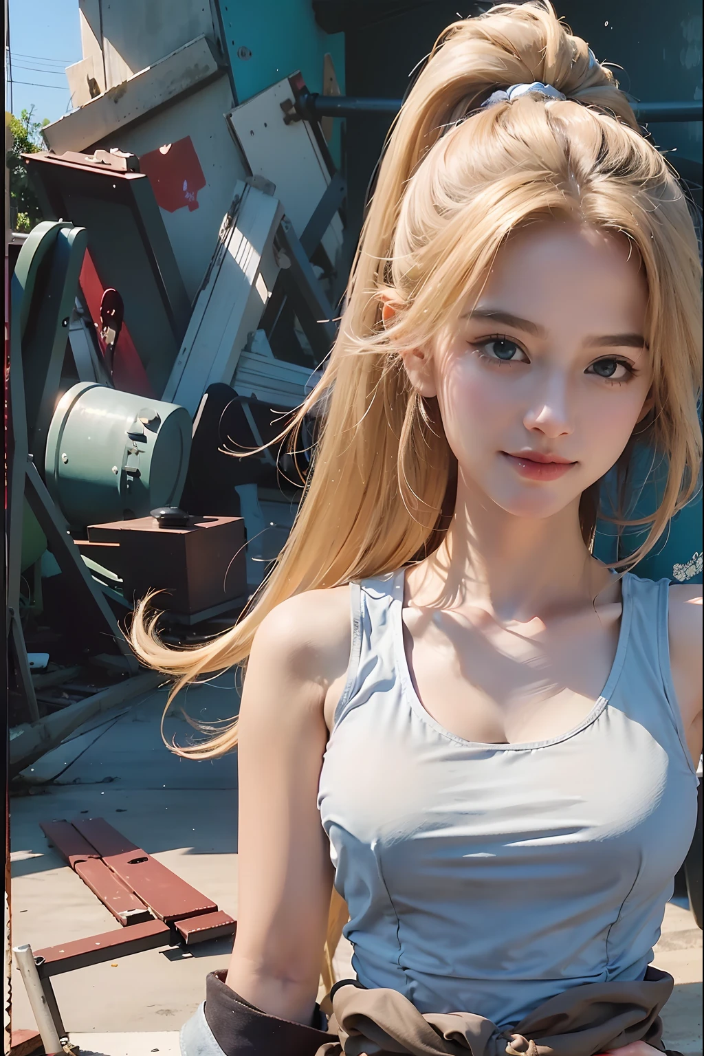blond woman in a gray tank top and black leather pants, anime girl cosplay, realistic cosplay, cute girl wearing tank suit, full-cosplay, anime girl in real life, quiet from metal gear solid, ig model | artgerm, ruan jia and artgerm, perfect android girl, anime cosplay, cosplay photo, trending at cgstation, cosplayer