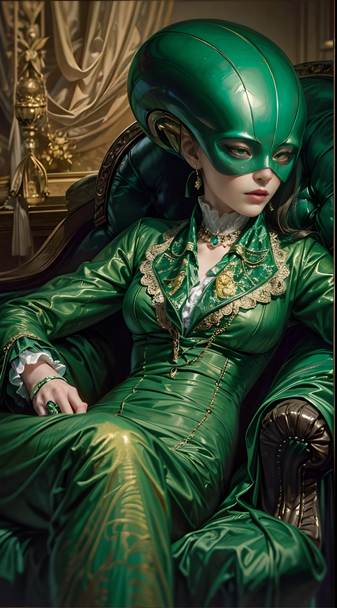 A vivid oil painting of an alien woman with an ant's head, donned in a gleaming plug suit of emerald green. She reclines on a velvet chaise longue in a Victorian-era parlor, exuding an air of aristocratic elegance amidst the bizarre.