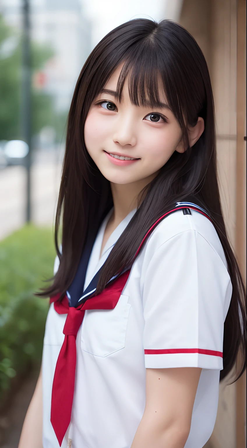 masutepiece, Best Quality, 8K, 10yaers old, Teen, Raw photo, absurderes, award winning portrait, Smile, Smile, Solo, Idol face, Delicate girl, Upper body, Digital SLR, Looking at Viewer, Candid, Sophisticated, Thin arms, Professional Lighting, Film grain, chromatic abberation, (Eyes and faces with detailed:1.0), (Bokeh:1.1) , huge-breasted , Distant perspective , bed , laying on back , Perspective from above , closes mouth , Sailor Uniform , A dark-haired , dishevled hair