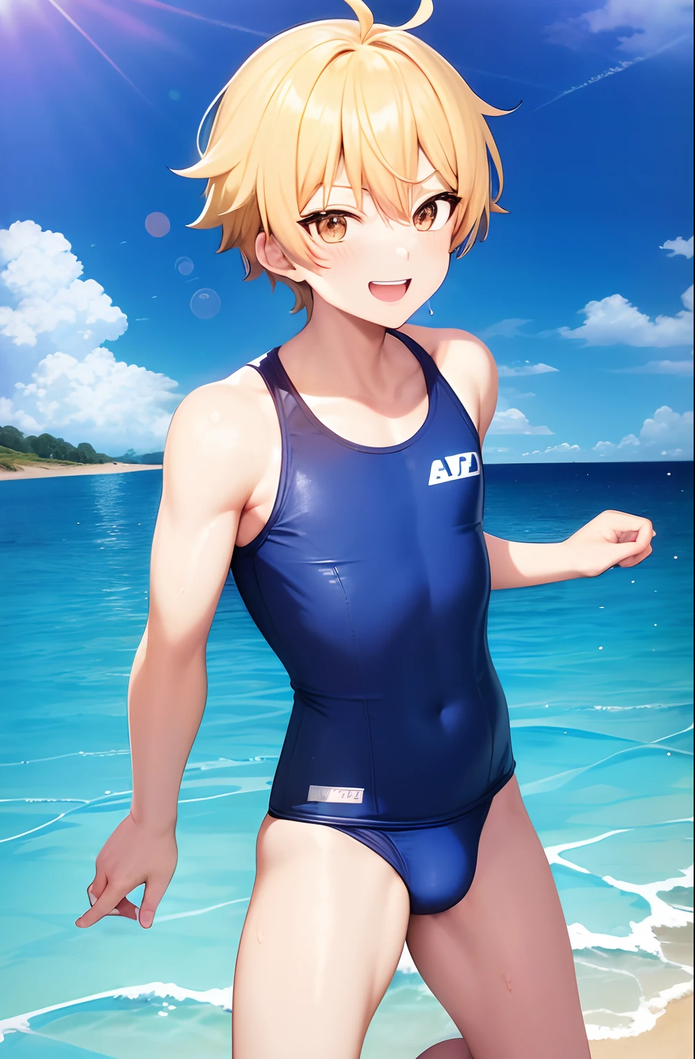 Cartoon image of a man in a swimsuit with a big smile, Short blonde boy, Boy with Golden Eyes, wearing a swimming wear, Swimsuit, Cool anime boy in blue tanksuit, Full body:: Sunny weather::, onepiece swimsuit, Competitive swimsuit, Wet swimsuit,  A clear day, Ecchi anime style, Bare shoulders, bare legs,