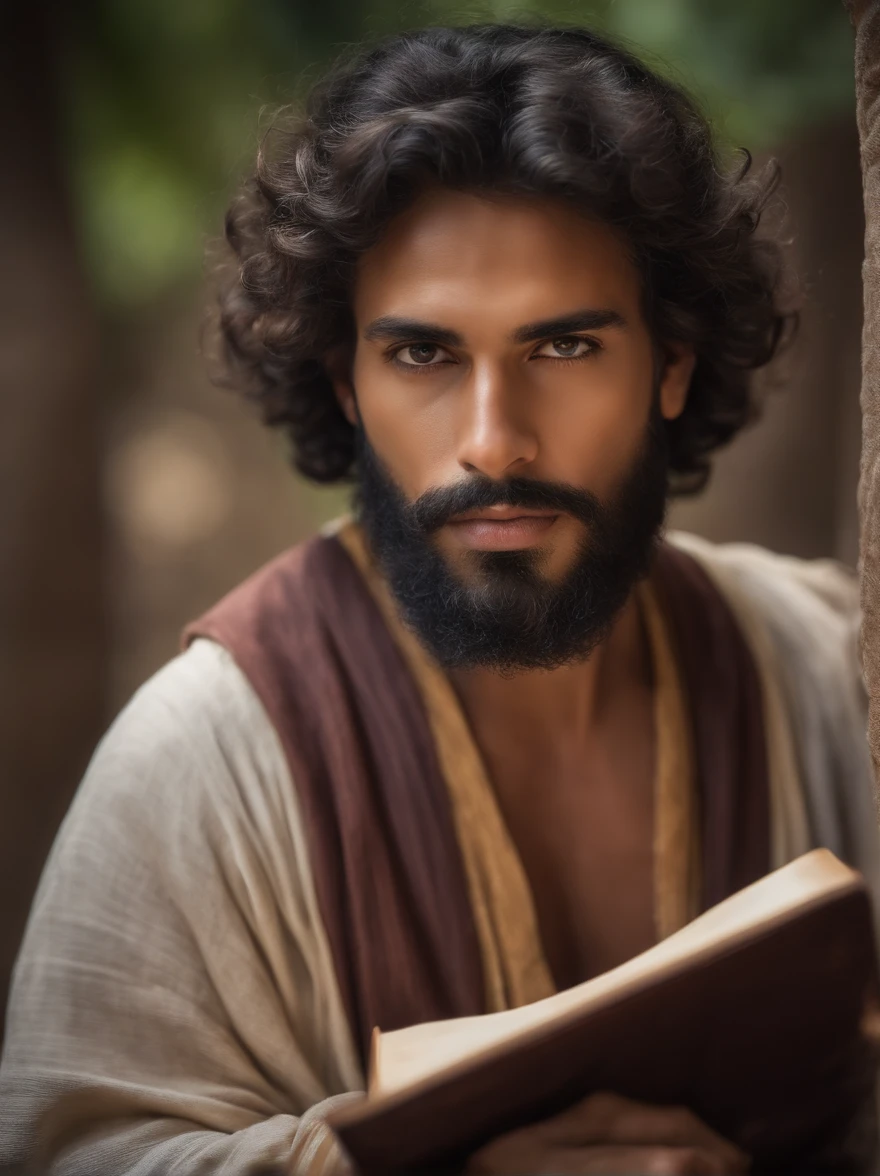 (Biblical times) On the left is jeremiah (personagem biblico) Povos judeus，Holding a scroll in hand, tem a aparencia sofrida, His gaze is charged with hope, is looking to the right of the image, profundidade de campos, Bokeh, Realismo de Hentail, fotorrealista, realismo ultrarrealista, Fotografado profissional, 8K UHD , Digital SLR, HDR , Primary tablet, melhor qualidade, filme granular, pinturas fotorrealistas, Fujifilm XT3
