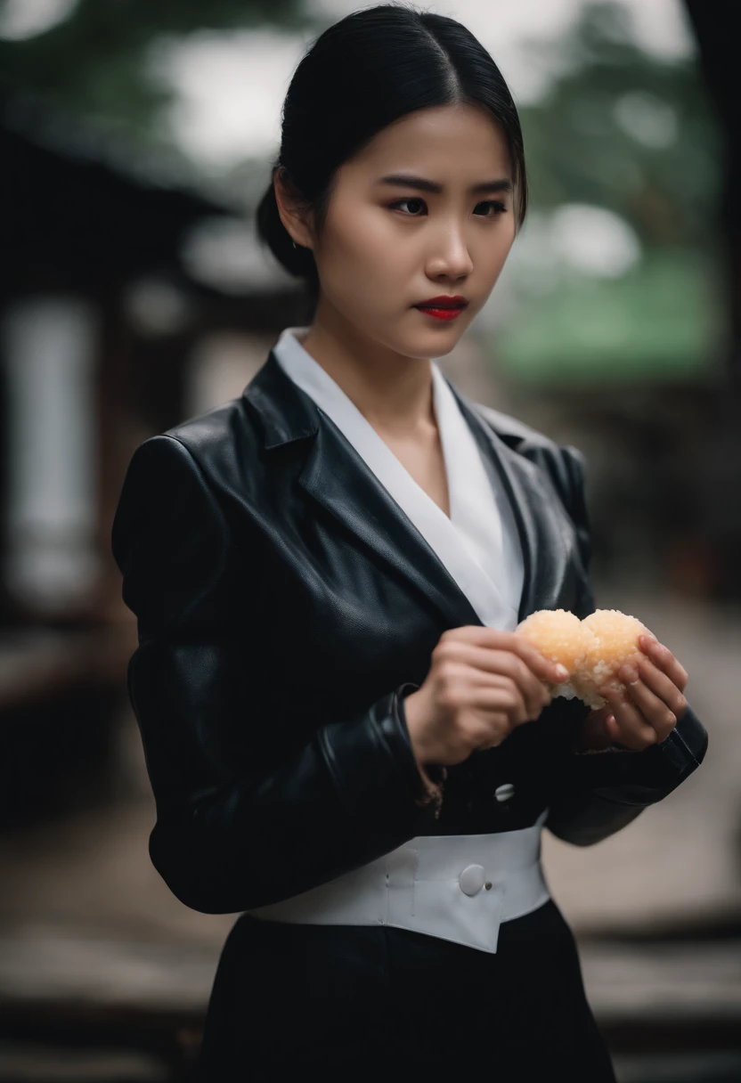 Black leather gloves in both hands, blazer and ribbon uniform, black hair ponytail, upper body, cute Japanese girl (black leather gloves covering both hands), traveling alone, eating rice balls with both hands of black leather gloves