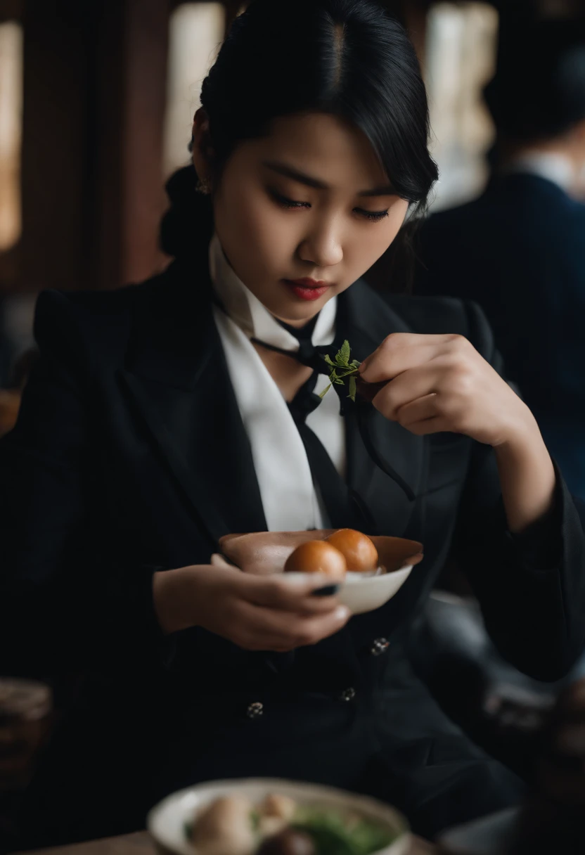 Black leather gloves in both hands, blazer and ribbon uniform, black hair ponytail, upper body, cute Japanese girl (black leather gloves covering both hands), traveling alone, eating rice balls with both hands of black leather gloves