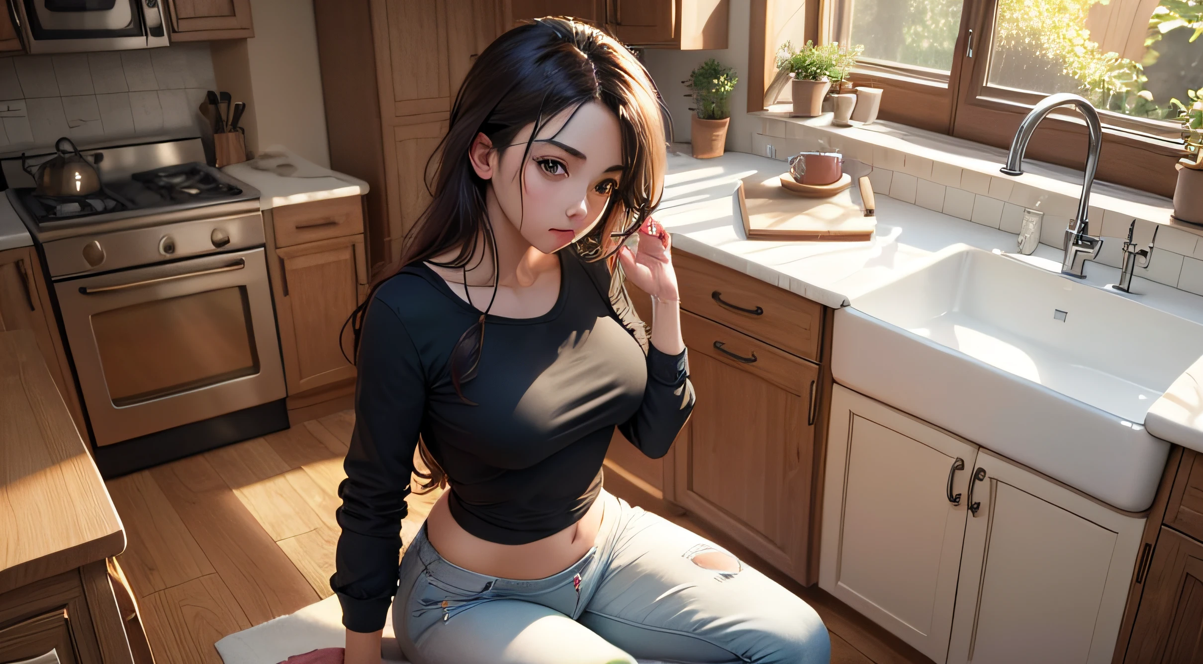 NSFW, NUDE arafed woman, full length photo, black hair, full lips Portrait of fahriye evcen, brown shiny and big eyes, white skin, selfie of a young woman, in the kitchen, leaning on the kitchen table, violet myers, no makeup, natural makeup , looking directly at the camera, facial artgram, elegant makeup, full body workout, bedroom, perfect small breasts and toned NUDE body.  Same as in the photo, she spread her legs