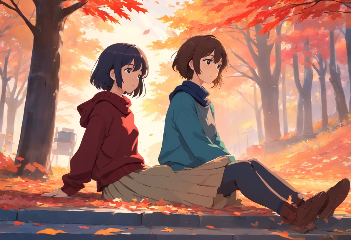 Canada、Colored leaves、Maples、A hill、Maple tree、leaves falling、1man and 1girl, A Man is Sitting reading while leaning against a tree、A woman has an Sleeping on a man's lap pillow and having a blissful look、Korean Drama、Tokkebi、Gong Yoo、Kim Goeun, a man dressed in stylish suit clothes, a woman wearing a long-sleeve sweater, pleats skirt,　Red Muffler、
