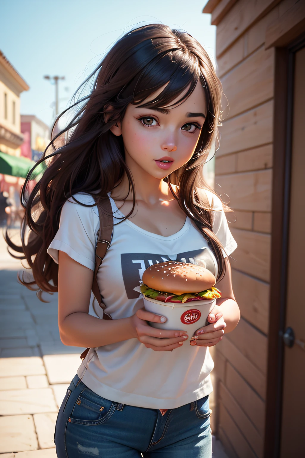 description: Make a light brunette girl
Features: She's hungry
Scenario: Disney Drawing Type
Share: She's eating hamburger
Quality: Pixar, 3D, Disney