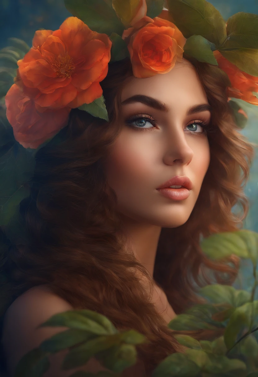 uma pintura digital de uma mulher bonita com cabelos longos e flores em seu cabelo, retrato bonito da arte da fantasia, retrato bonito da fantasia, lindo pintura digital, retrato da arte da fantasia, pintura digital bonita, retrato da fantasia, pintura digital impressionante, arte do retrato da fantasia, lindo arte digital, bela arte digital, retrato de fantasia digital, linda arte digital linda, pintura de fantasia realista, bela arte digital