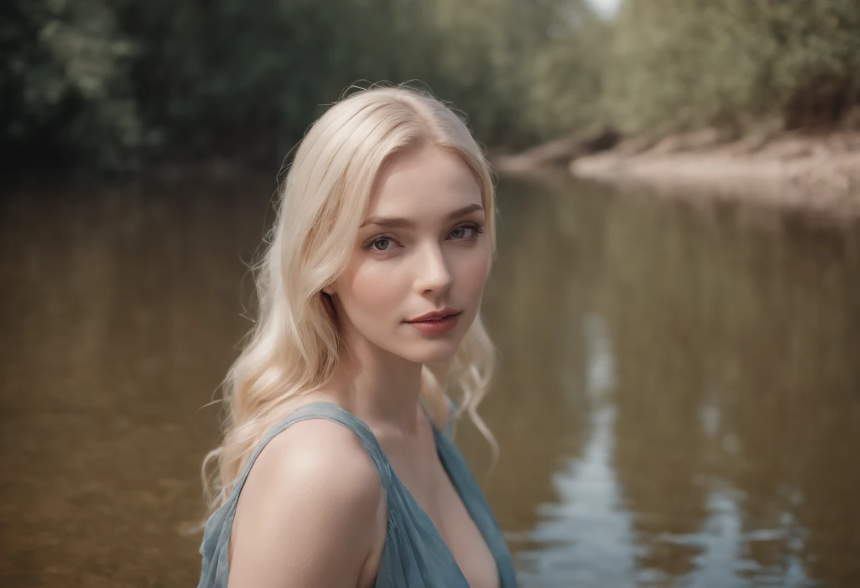 Blonde in water with sunlight behind her, soft portrait shot 8 k, Cinematic beautiful genuine leather, nymph in the water, 60mm portrait, 7 0mm portrait, photo of a beautiful woman, in waist-deep water, 50mm portrait, Soft, Perfect, pale skin;, natural soft pale skin, pale glowing skin, Portrait of a beautiful model