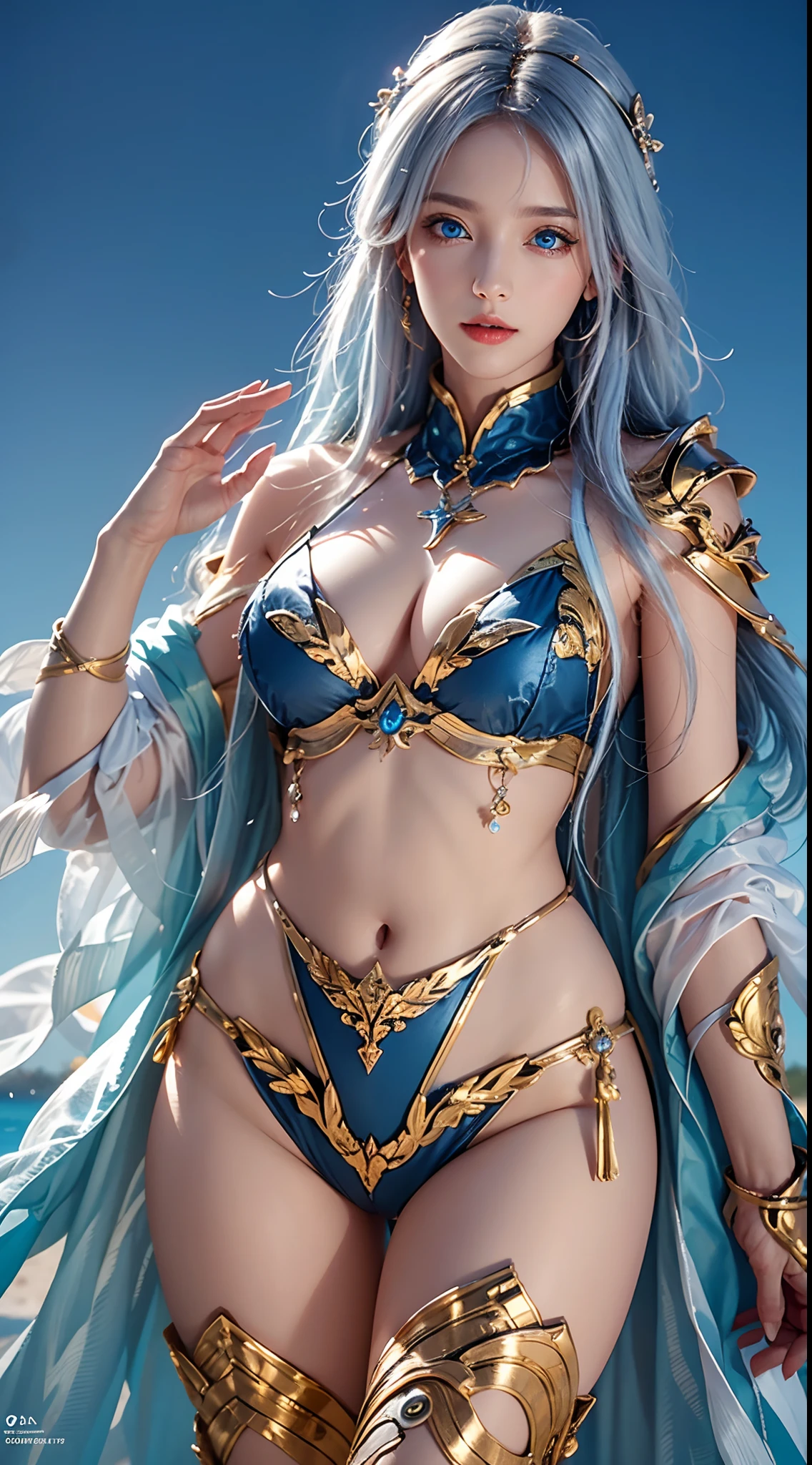 photorealistic, high resolution, soft lights, 1women, solo, hips up, look at viewer, (detailed face), blue eyes, white hair, long hair, photorealistic, masterpiece, photorealistic, high resolution, soft light, hips up, (blue eyes), jewelry, (milf, mature female), starryskybackground，Wearing shiny gold armor， Sexy lingerie type armor，Expose your chest，Expose the waistline，Exposing thighs，cool-pose， Saint Seiya Armor， messy hair